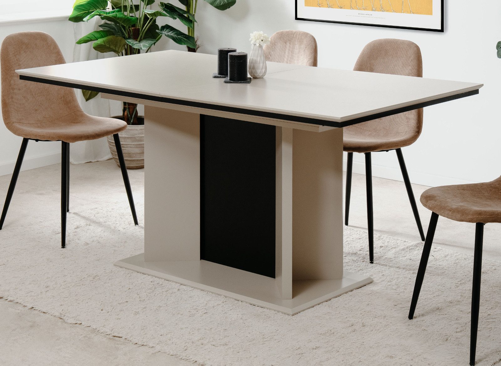 Furn.Design Säulen-Esstisch Brebbia (Esstisch in Sand / beige mit schwarz, ausziehbar 160 - 200 cm), für bis zu 8 Personen
