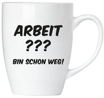 BRUBAKER Tasse Motivtassen "ARBEIT IST ..." und "ARBEIT ???...", Keramik, 2er-Set Kaffeebecher in Geschenkpackung mit Grußkarte, Kaffeetassen Geschenkset Büro, Tassen mit Spruch lustig