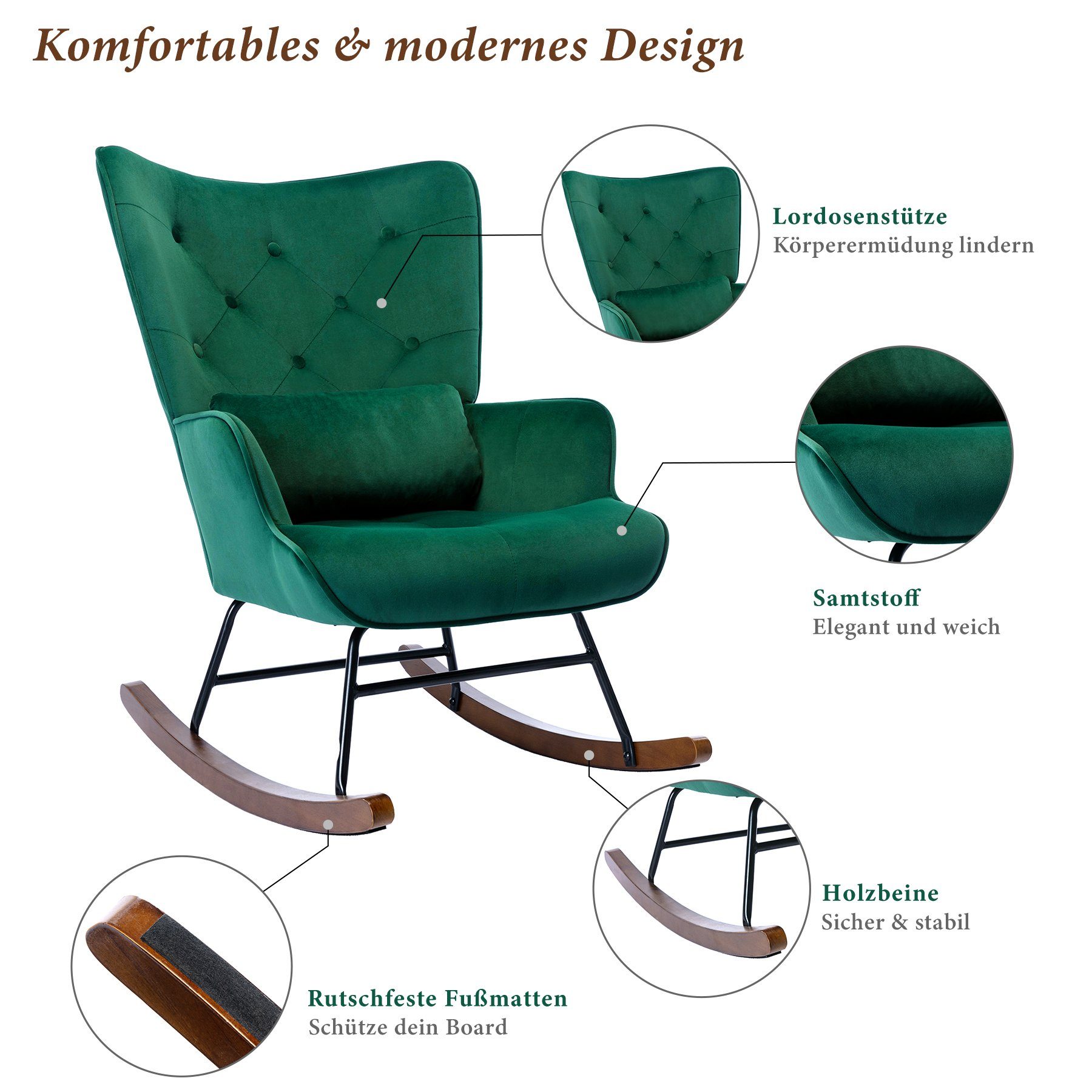 HomeMiYN Schaukelstuhl Metallgestell mit Schaukelstuhl Schaukelstuhl Holzsockel Samt Grün Wohnzimmer Samt, Sessel, aus