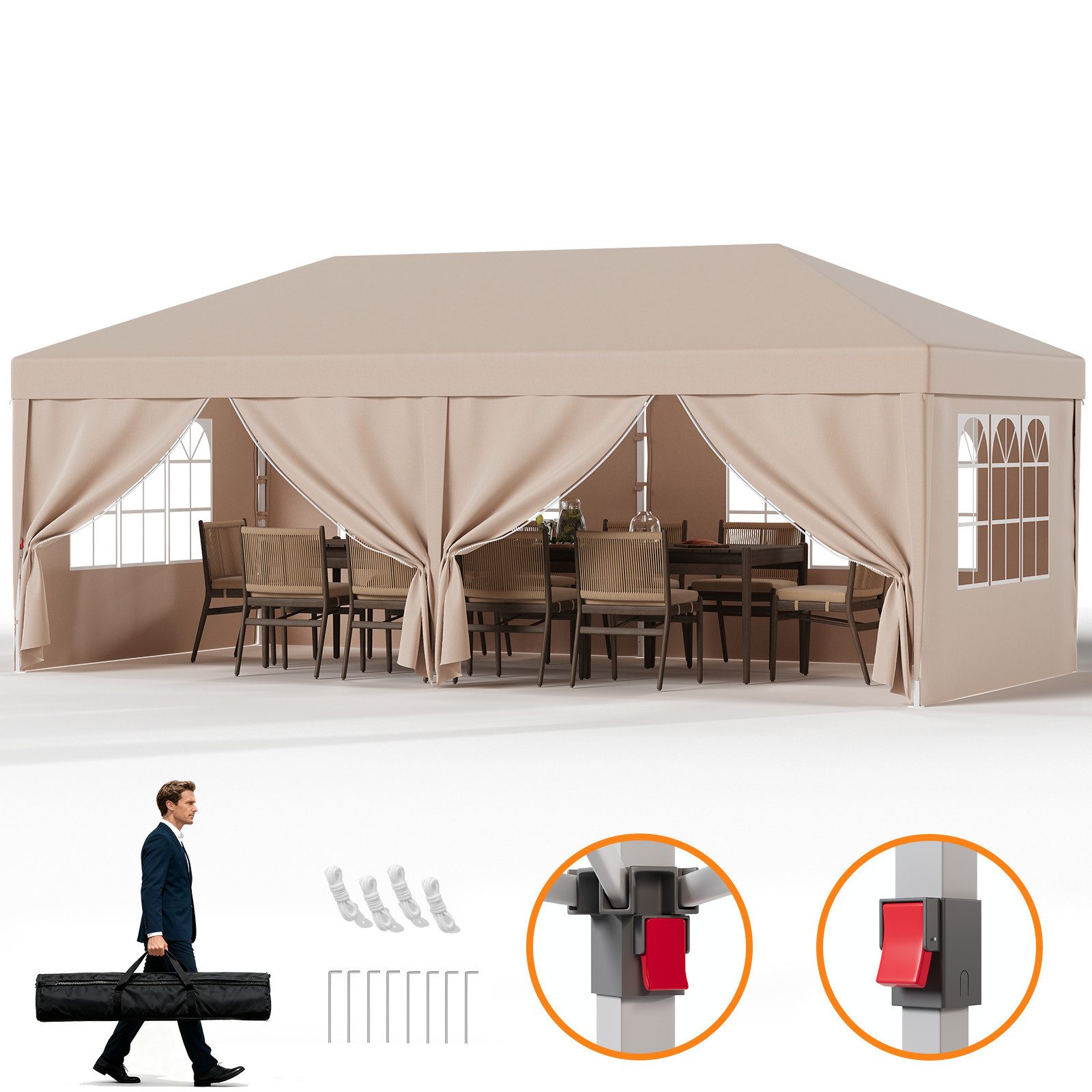 HOMALL Faltpavillon 3x6m Wasserdicht Gartenzelt Pop Up Gartenpavillon mit 6 Seitenteilen, mit 6 Seitenteilen