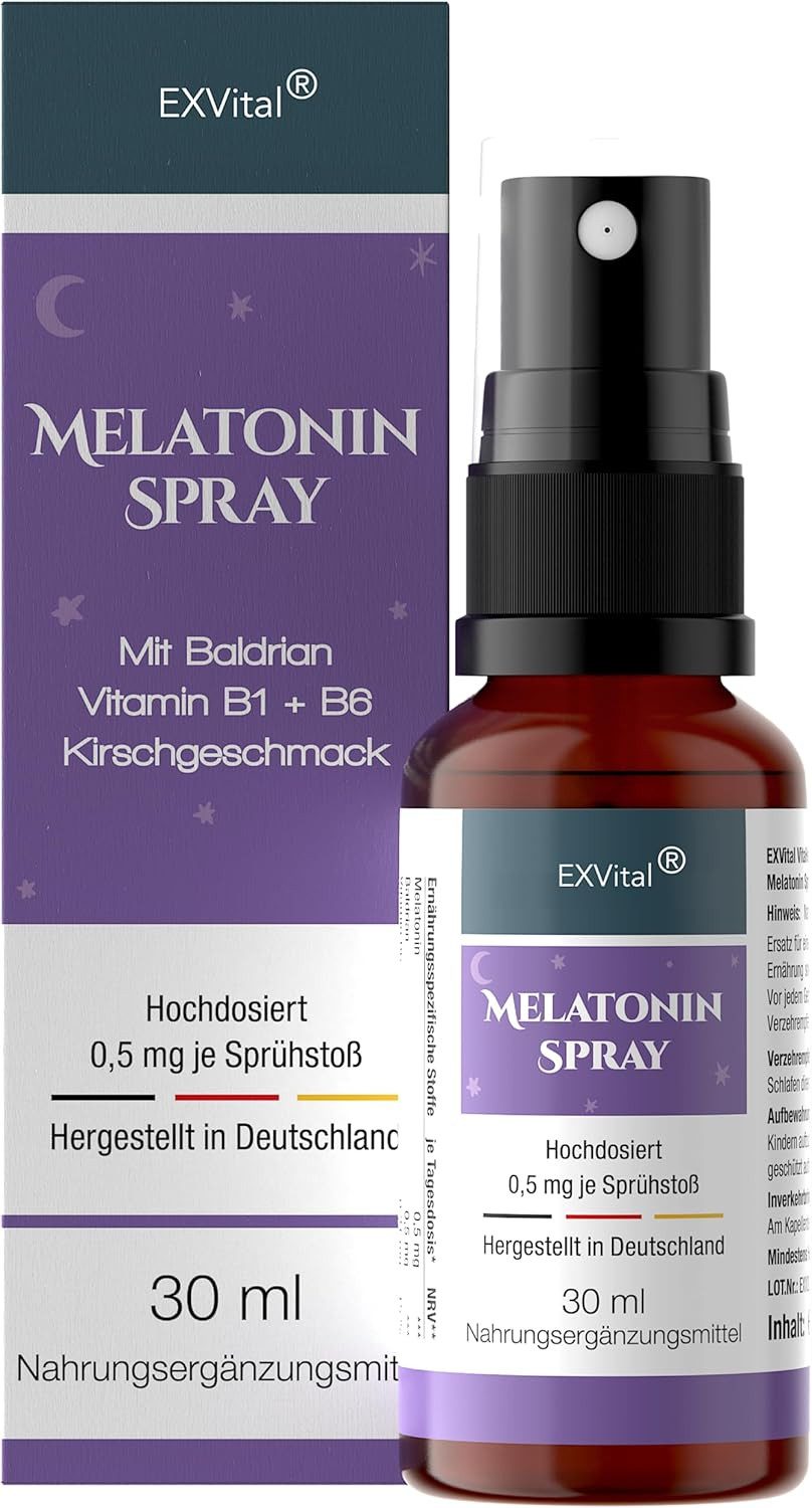 Melatonin Einschlafspray, mit Baldrian & Vitamin B1+ B6 Tropfen, 30 ml