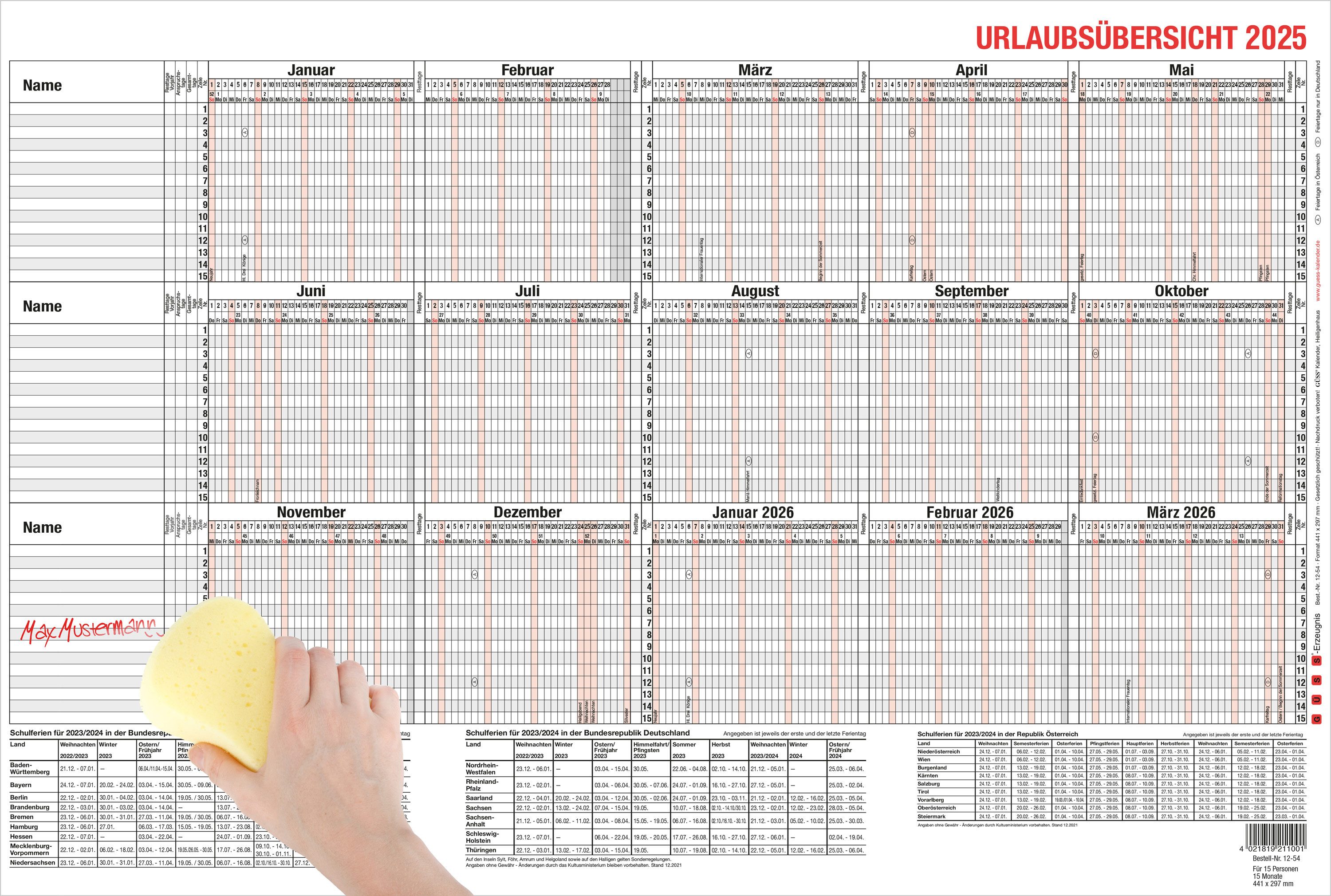 GÜSS Kalender Urlaubsplaner 2025 Güss Urlaubsübersicht A3 15