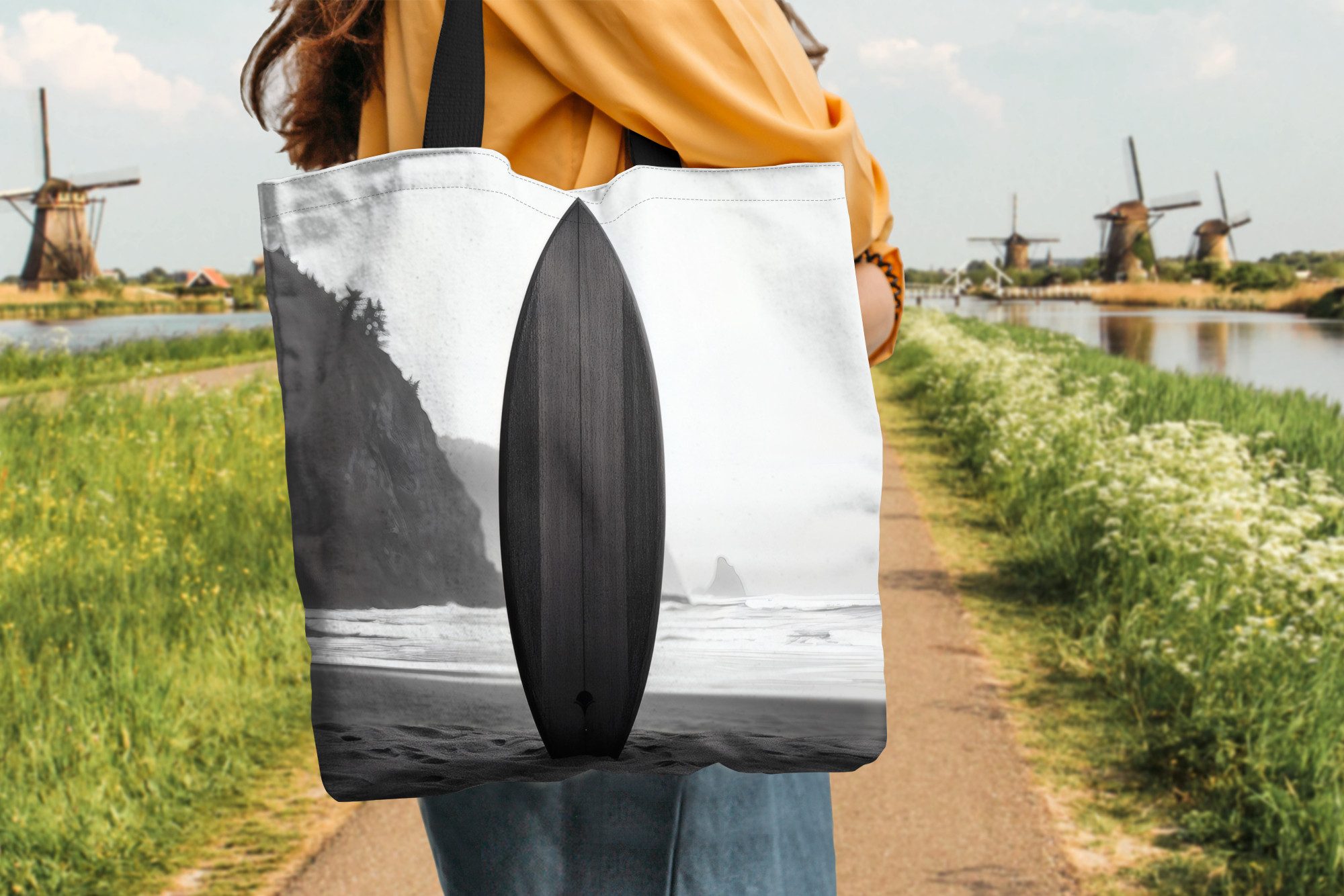 MuchoWow Shopper Surfbrett - Sand - Meer, Handtasche, Damen und Herren, Schultertasche, Umhängetasche, Tote Bag