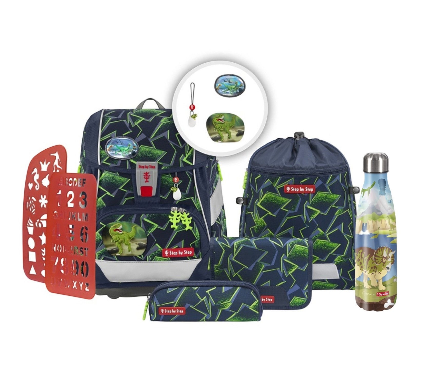 Step by Step Schulranzen Schulranzen-Set 2IN1 PLUS Wild T-Rex Taro 7-teilig (7-teilig), ab 1. Klasse, ergonomisch, Schulrucksack, Tornister