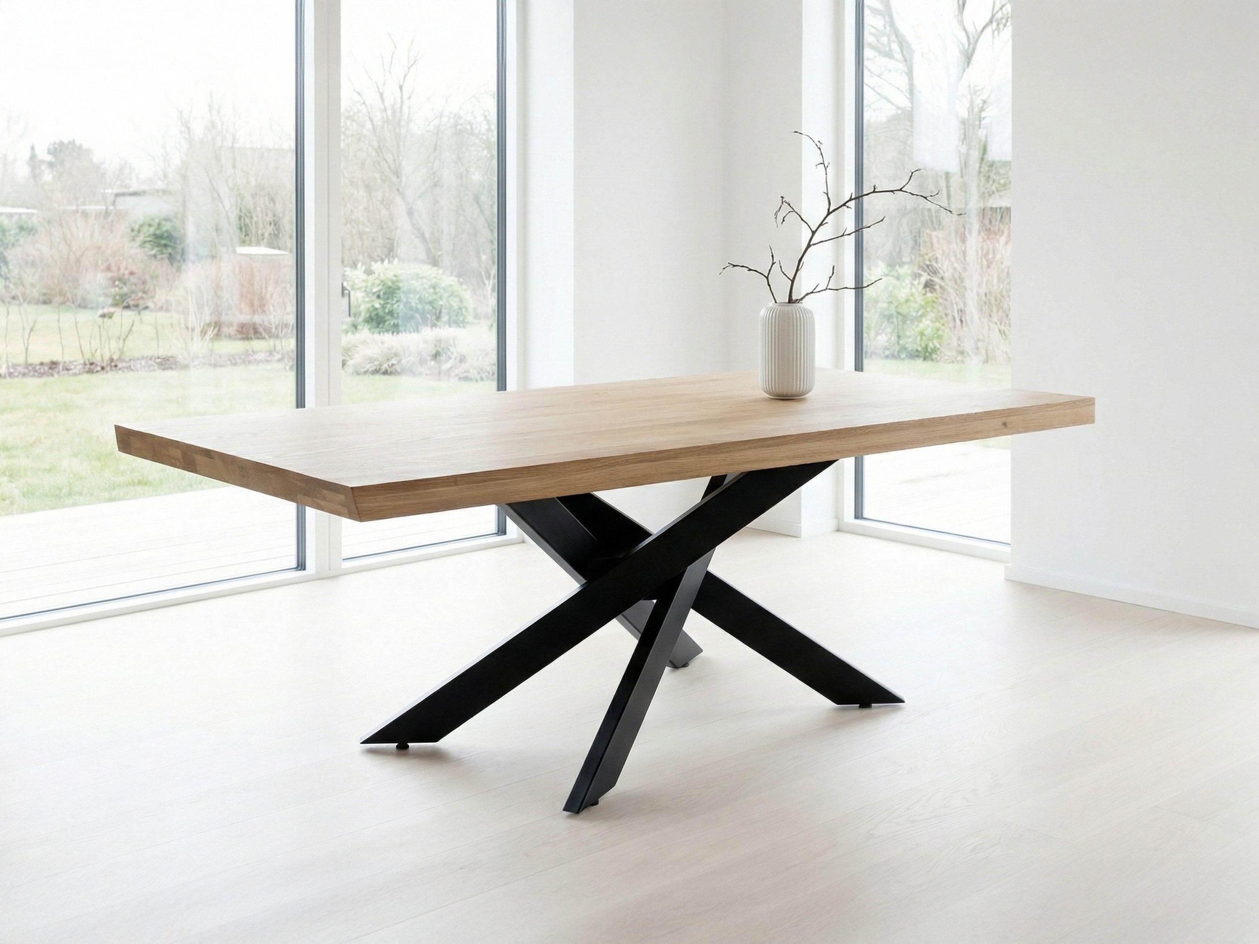 Massivart® Esstisch Wildeiche massiv geölt / 60 mm Platte / 180/200/220 / AHUS, Massivholztisch · Metallgestell · Schweizer Kante · Industrial-Look