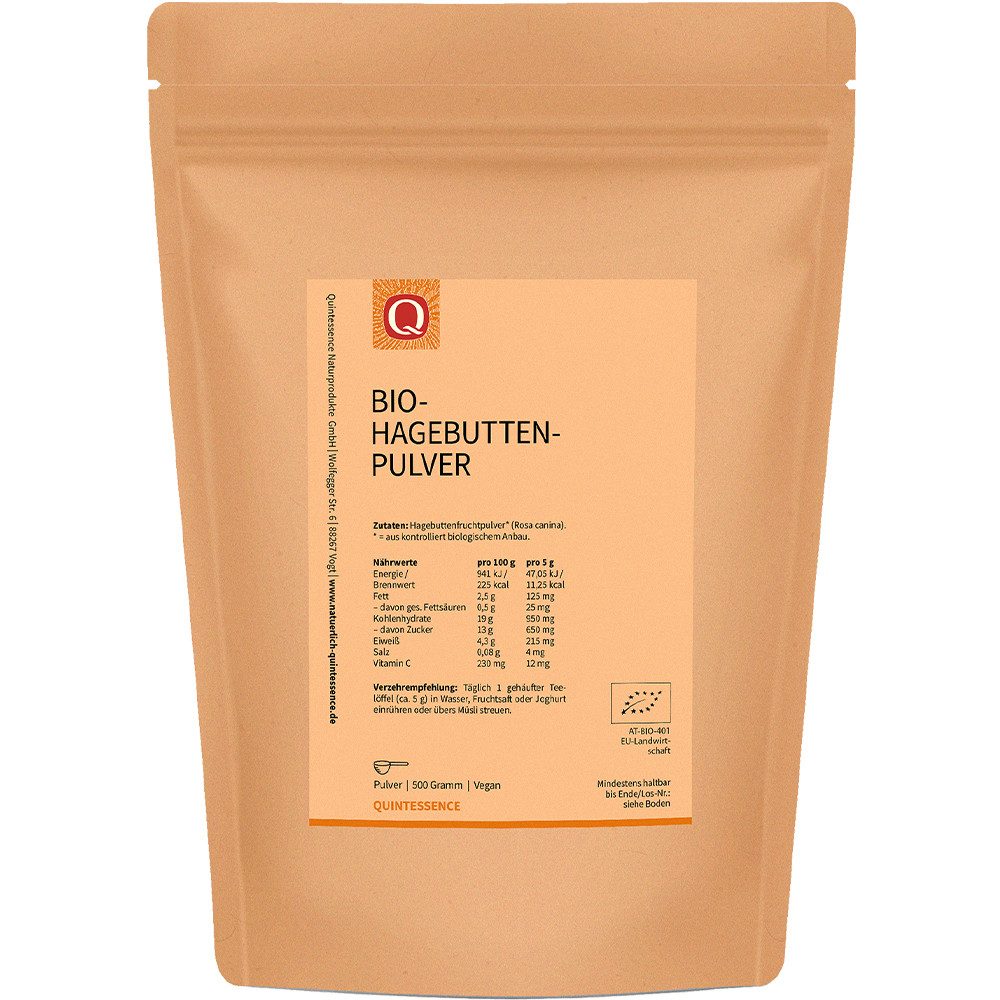 Quintessence Bio Hagebuttenpulver 500 g – Fruchtpulver aus Wildrose Rosa Caninate Pulver, 500 g, Hochwertige Premiumqualität - glutenfrei,lactosefrei,vegan,vegetarisch