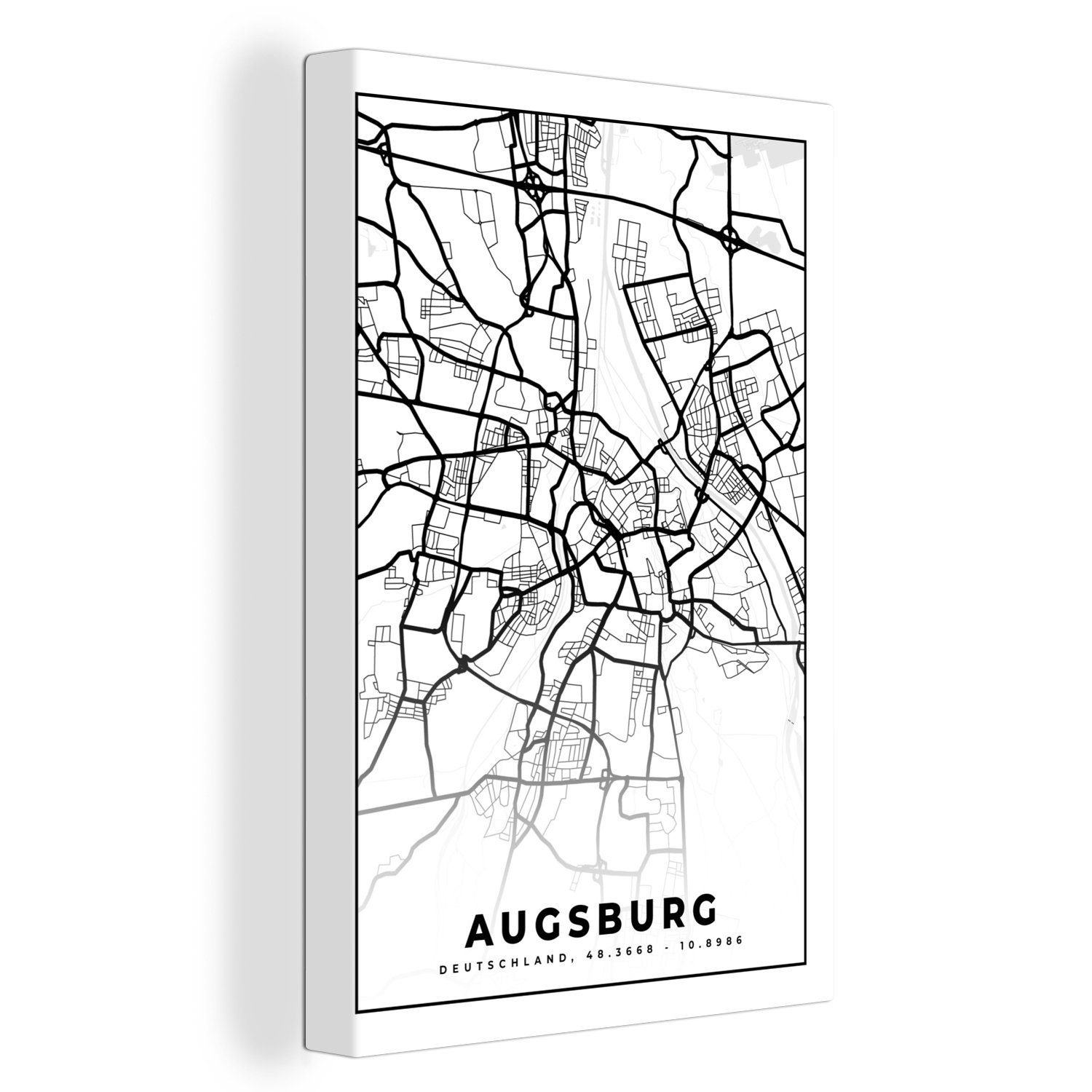 20x30 OneMillionCanvasses® bespannt Leinwandbild St), inkl. Karte Zackenaufhänger, - (1 fertig cm Stadtplan, Leinwandbild Gemälde, Augsburg -