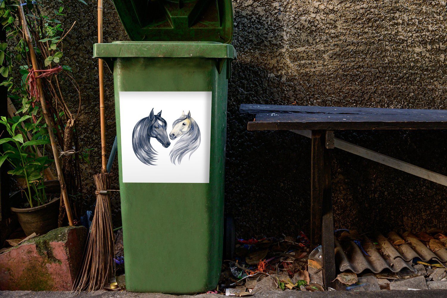 MuchoWow Wandsticker Pferde - Aquarell Mädchen - Weiß - St), - (1 Mädchen Container, Sticker, Kinder Abfalbehälter Mülleimer-aufkleber, Mülltonne, 