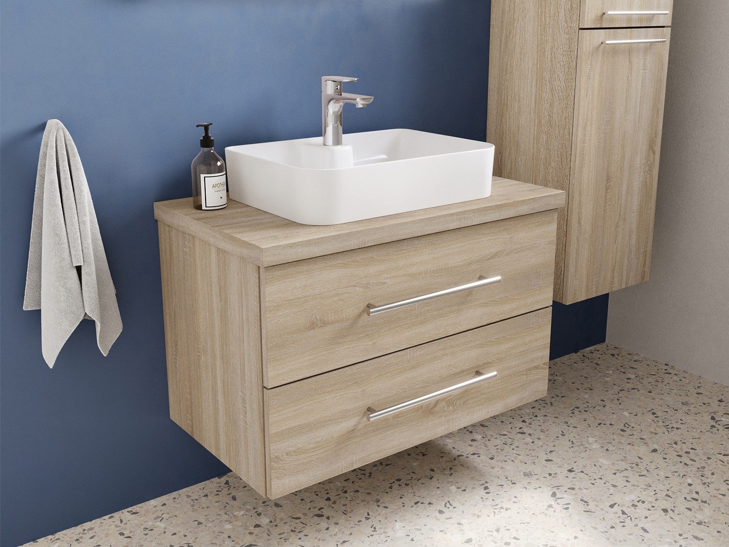 Aqua Bagno Badmöbel-Set Badmöbel-Set Flex 80 cm Eiche Gold mit 50cm Keramikbecken&Trägerplatte, (vormontiert, 3-St., Badmöbelschrank melaminbeschichtet, Trägerplatte, Keramikwaschbecken), einfache Montage, Skandi