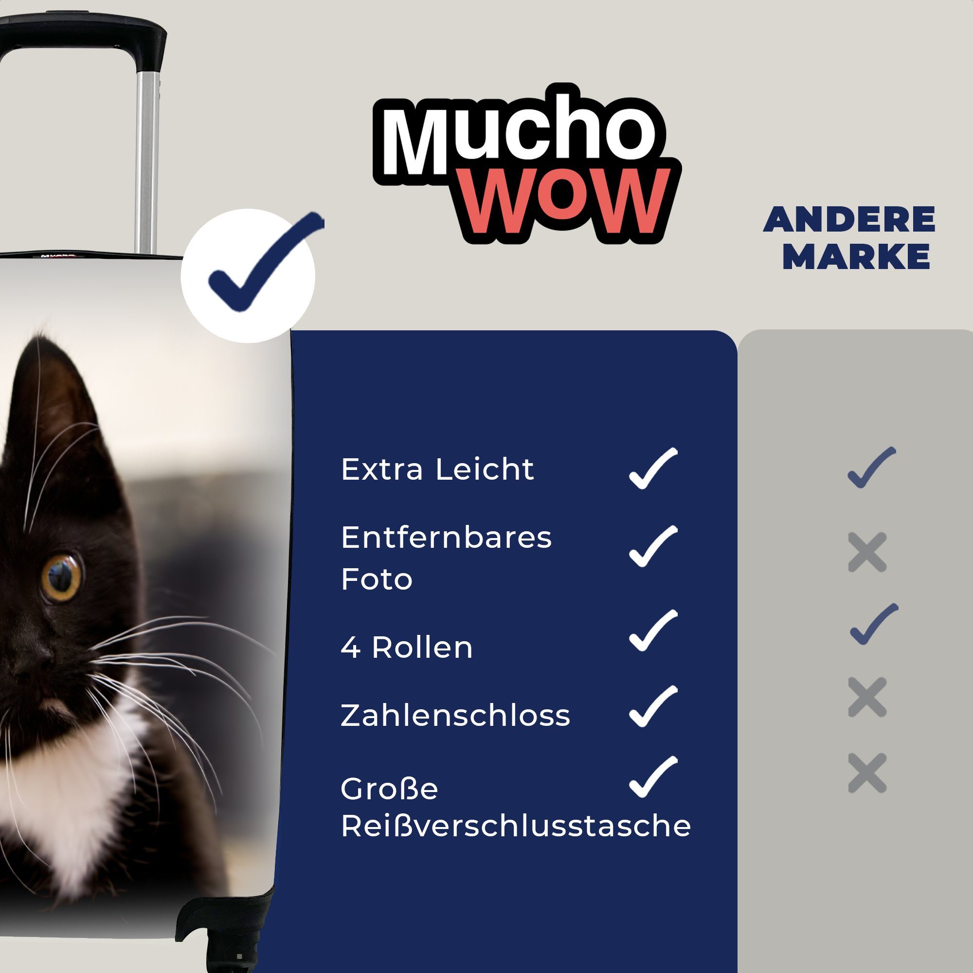 Handgepäckkoffer Handgepäck schwarz-weißen für eines Rollen, rollen, MuchoWow Eine Reisetasche mit Nahaufnahme Trolley, 4 Ferien, Reisekoffer Kätzchens,