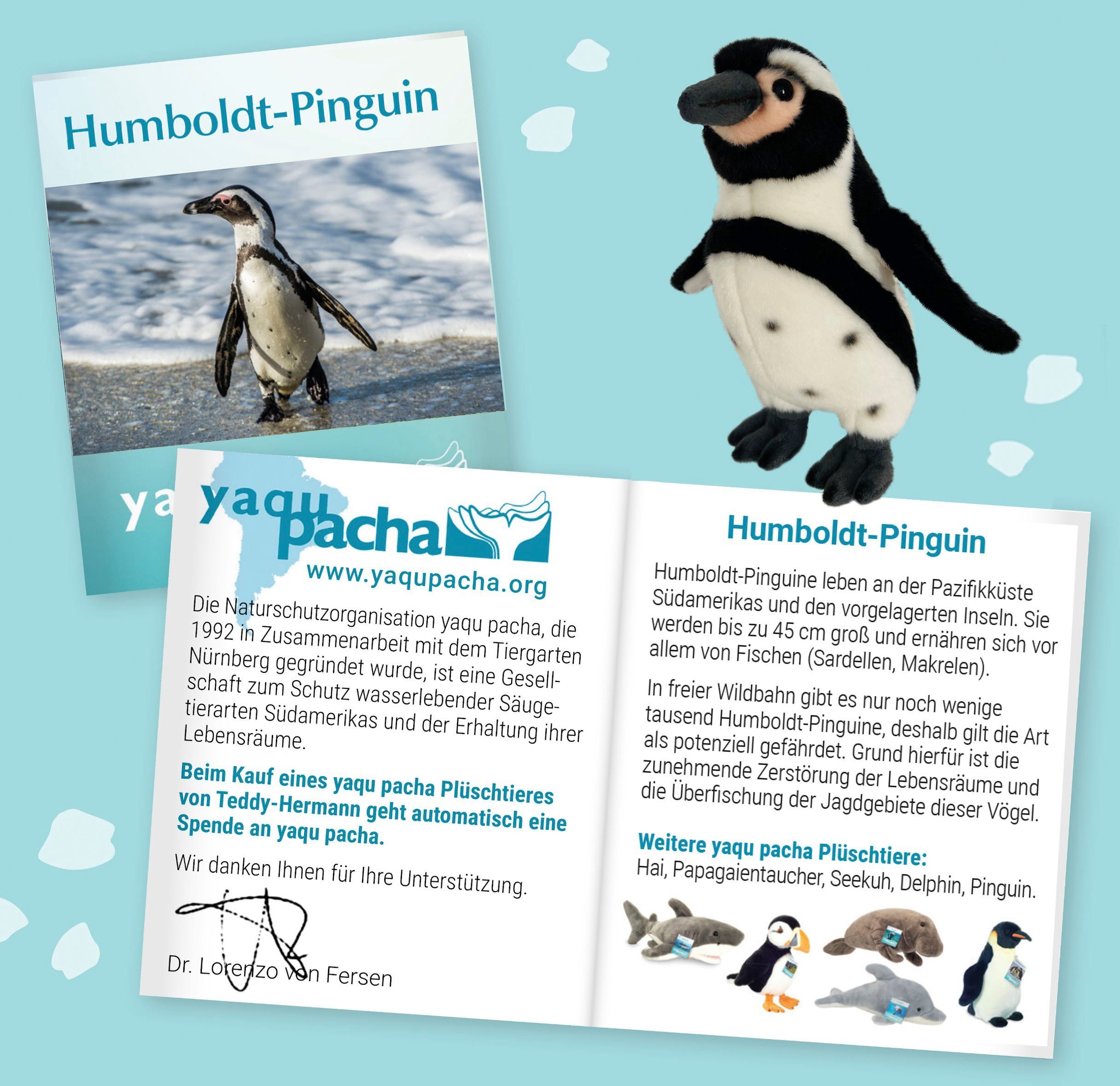 Teddy Hermann® Kuscheltier yaqu pacha, Humboldt-Pinguin, 25 cm, zum Teil aus recyceltem Material
