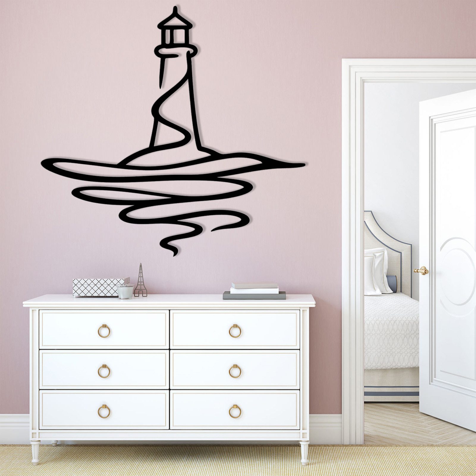 Jumpeak Wanddekoobjekt Leuchtturm-Wanddekoration,Wellenlinien,Maritime Geschenke,Minimalismus, Metall,4 Farbe,2 Maße,Deko im maritimen Stil,Geeignet für Wohn,Wu – Bild 3 von 5