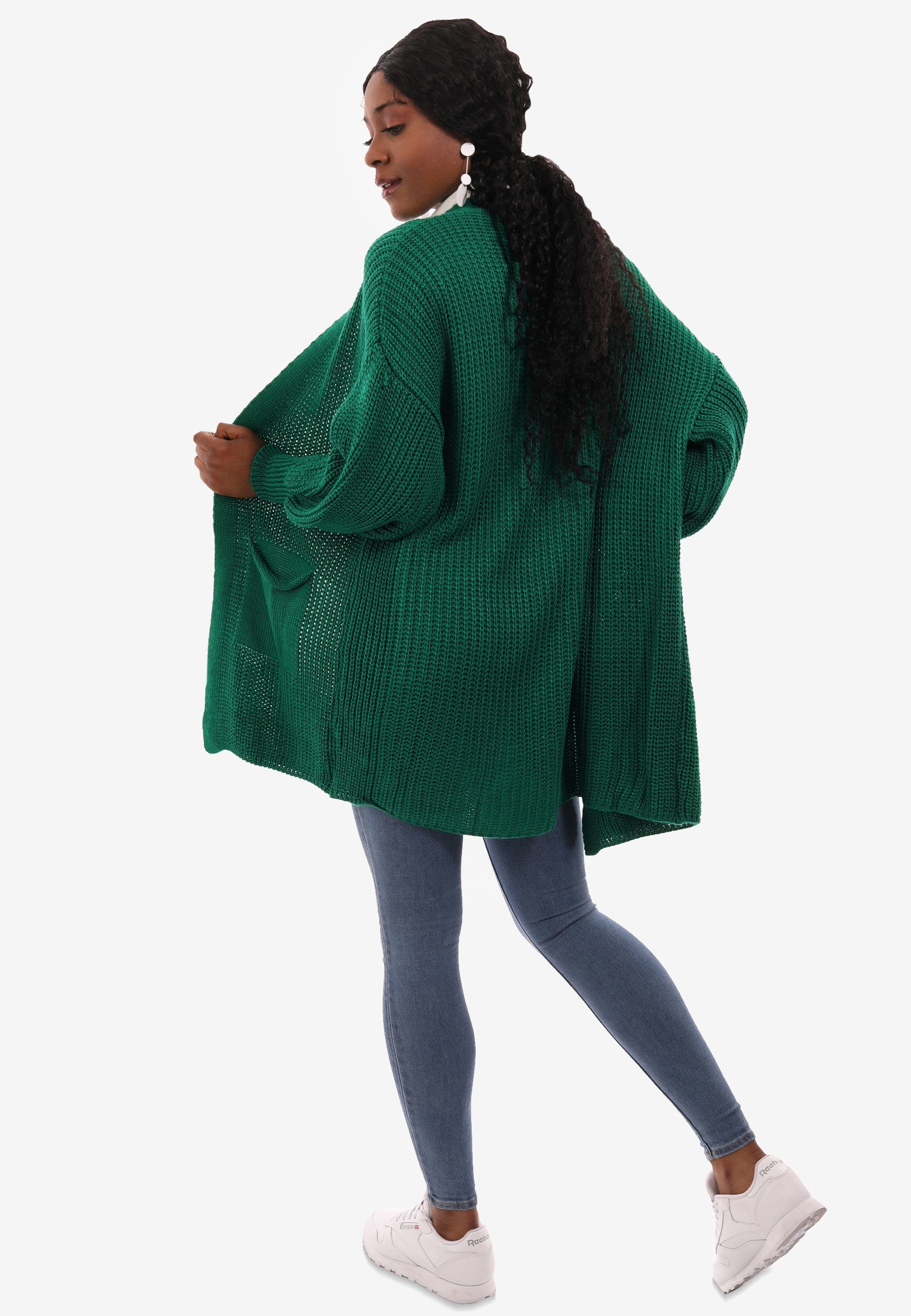 grün Style in Unifarbe, aufgesetzten Fashion mit Taschen One YC mit Strick-Cardigan & Cardigan Size Taschen