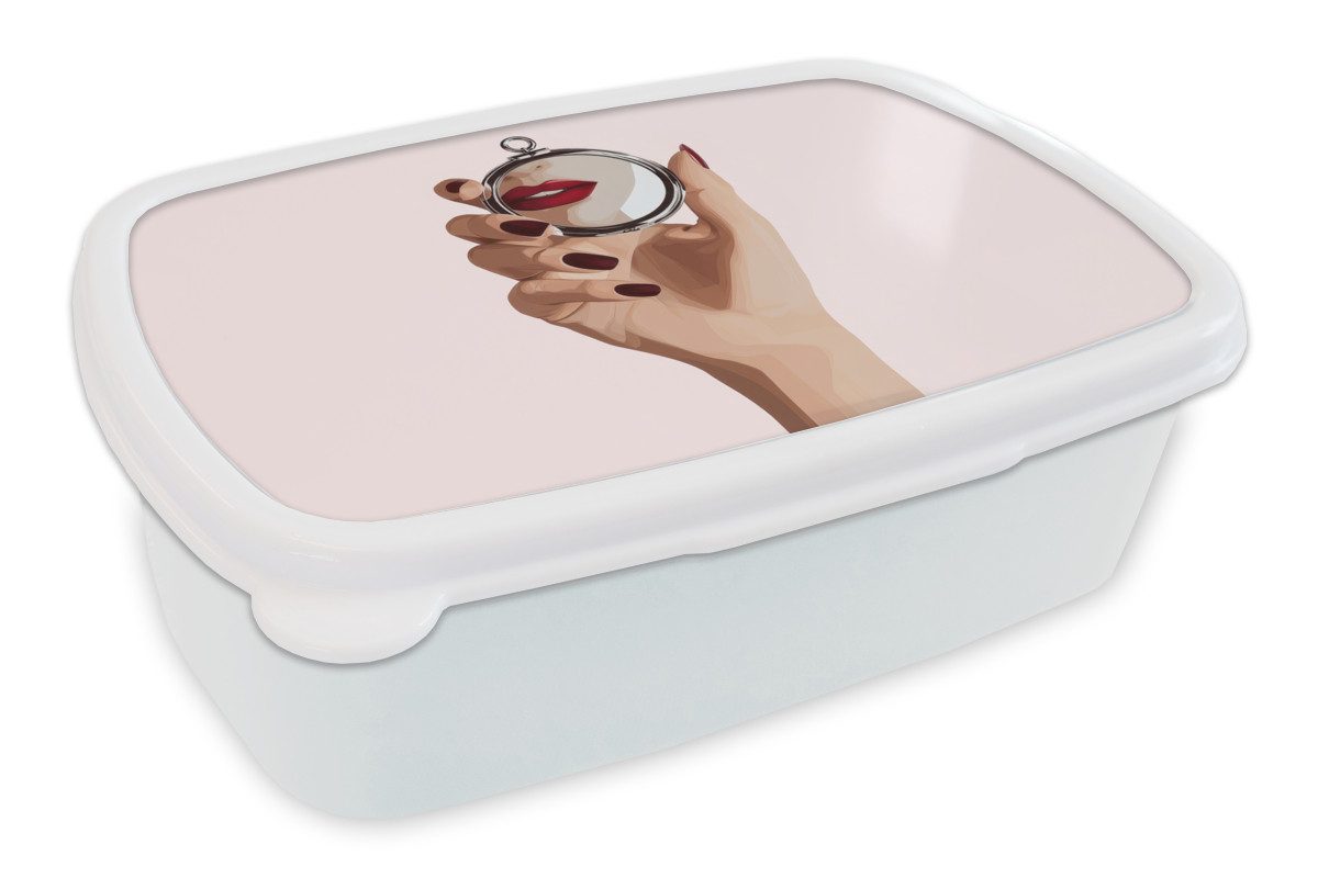 MuchoWow Lunchbox Spiegel - Rote Lippen, Kunststoff, (2-tlg), Brotdose Schule oder Arbeit, Brotbox für Kinder und Erwachsene