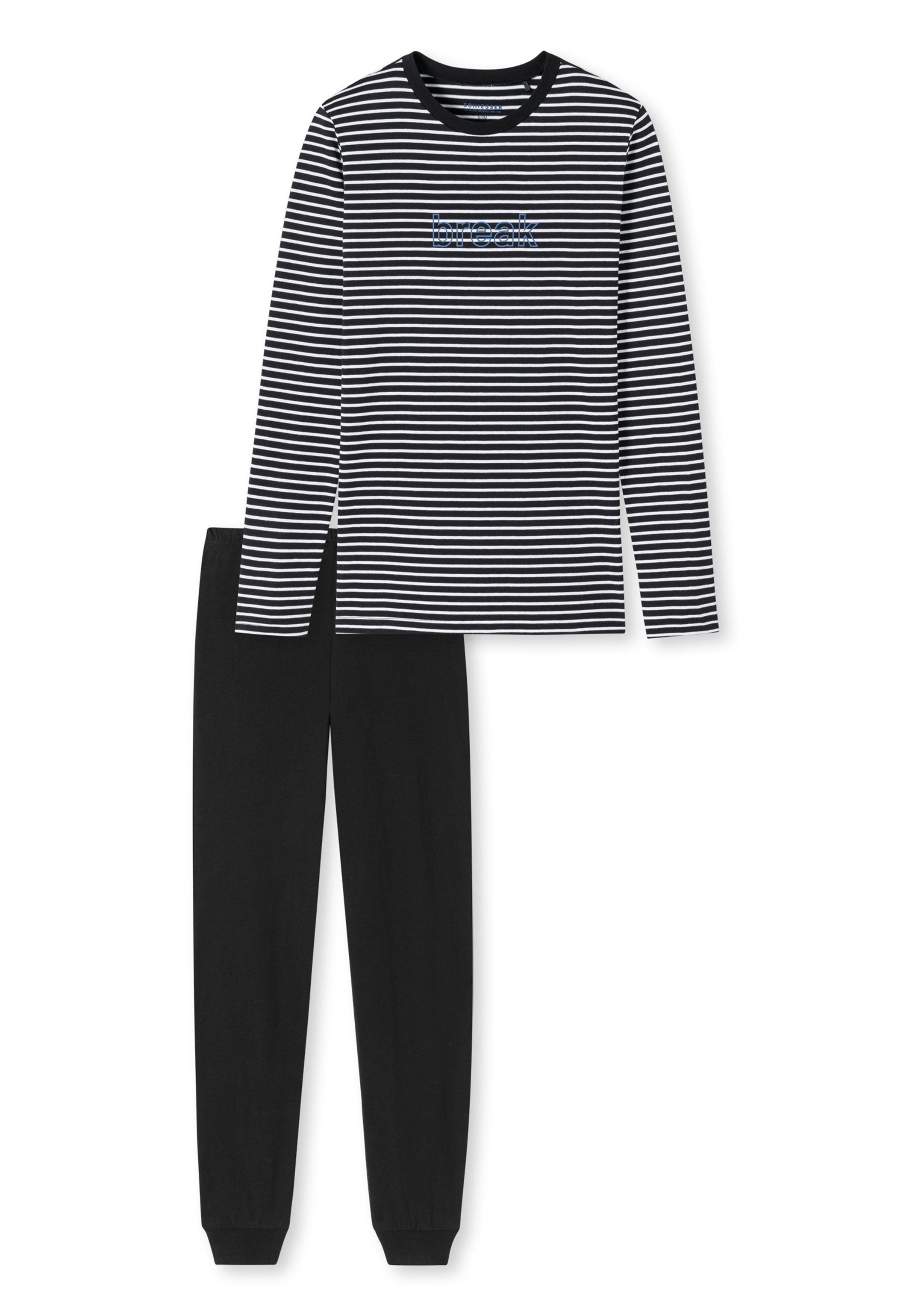 Schiesser Pyjama Teens Boys Streifen-Muster 2 (Set, Lang Schlafanzug - tlg) Langarm Baumwolle - schwarz Shirt mit