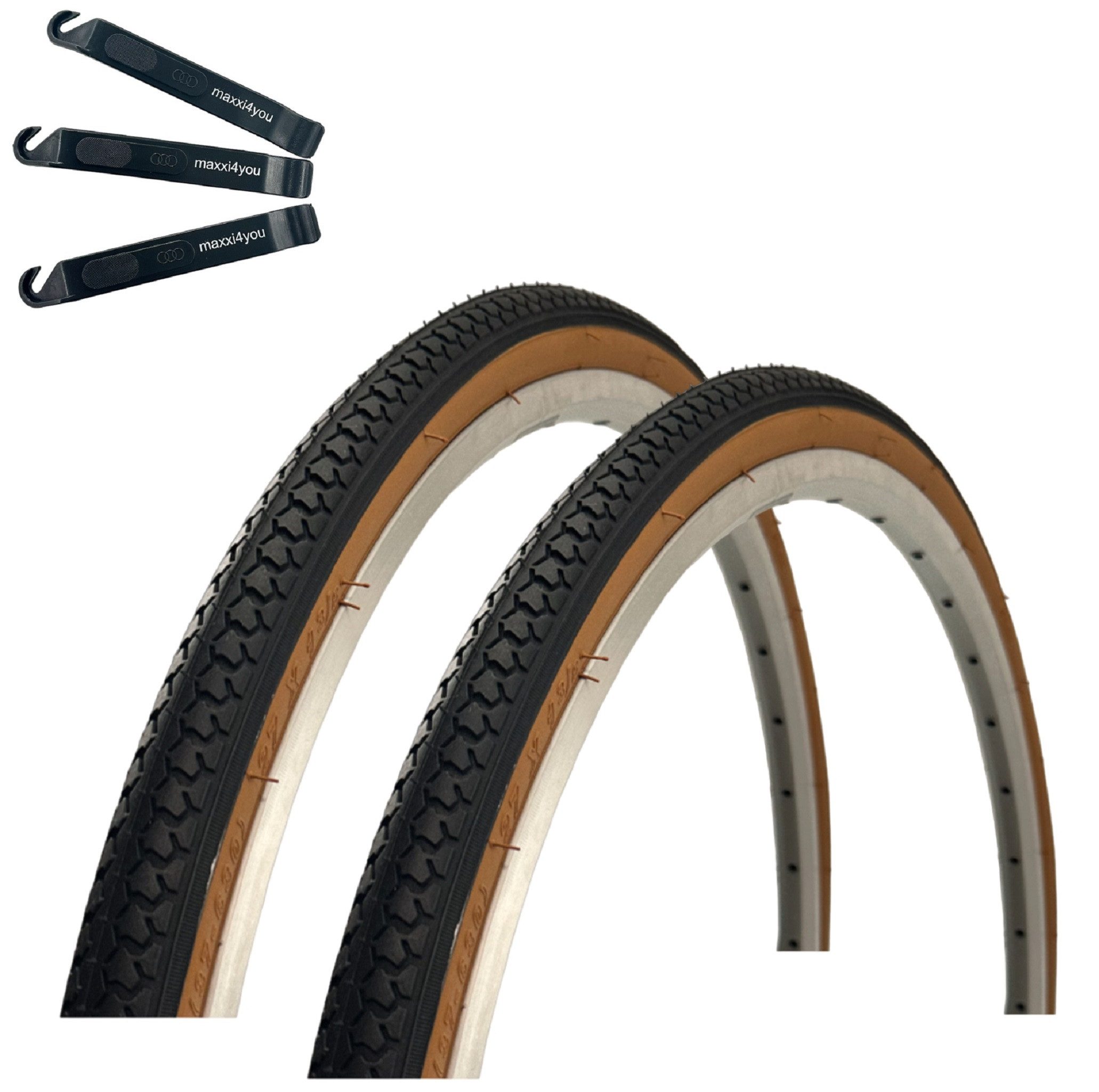 maxxi4you Fahrradreifen 2 x Roverstone 27 x 1 3/8 (37-630) Schwarz/Braun inkl. Reifenheber