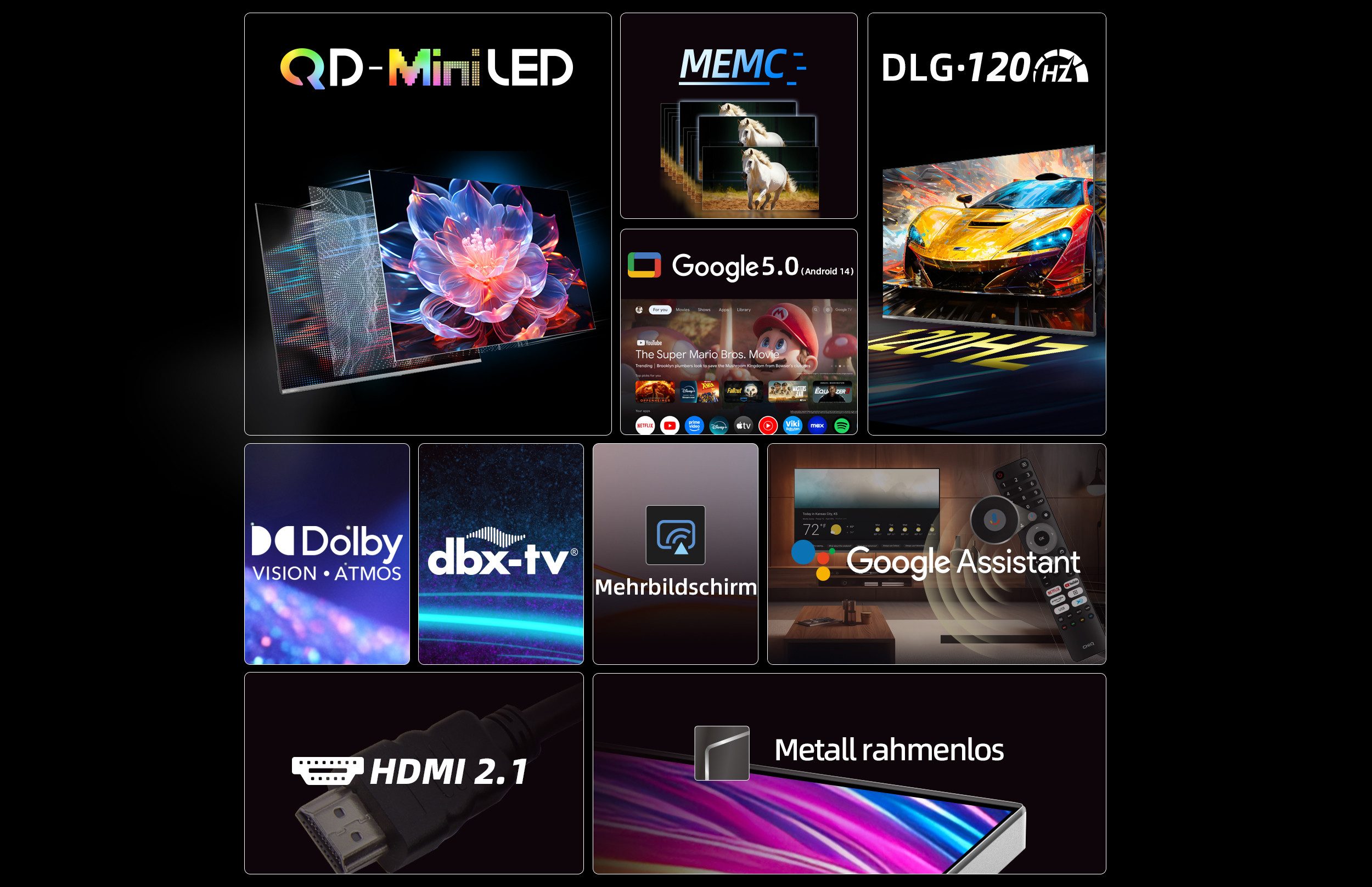 CHiQ M65QN9G Mini-LED-Fernseher (164 cm/65 Zoll, 4K Ultra HD, 4K UHD TV, Smart-TV, Google TV, Mini LED TV, DLG 120Hz, 4K Dolby Vision, Unterstützt Apple AirPlay)
