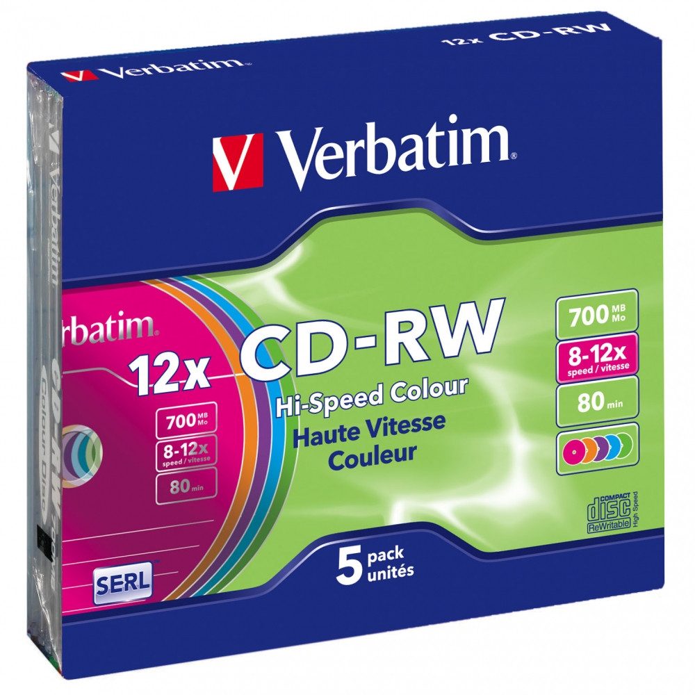Verbatim Verbatim CD-RW 10x 700MB (5er Slim Case) - beschreibbar. Elektro-Kabel, CD-RW, CD-RW, Farbenfrohe CD-RWs mit 10x Schreibgeschwindigkeit
