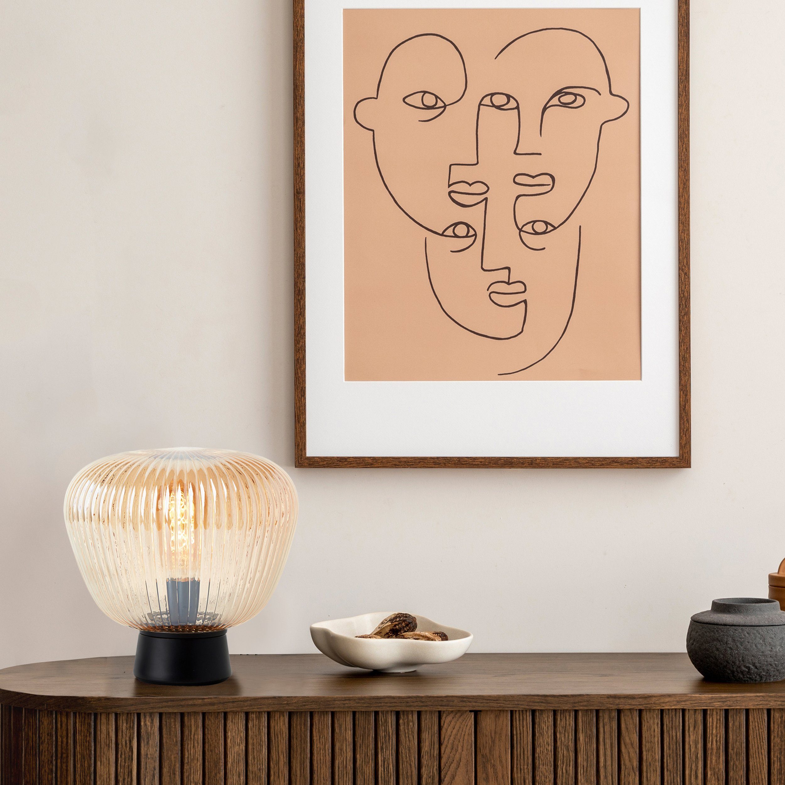 Brilliant Tischleuchte Kaizen, ohne Leuchtmittel, Riffelglas, 25 x 25 cm, E27, Amber-Bernsteinfarben