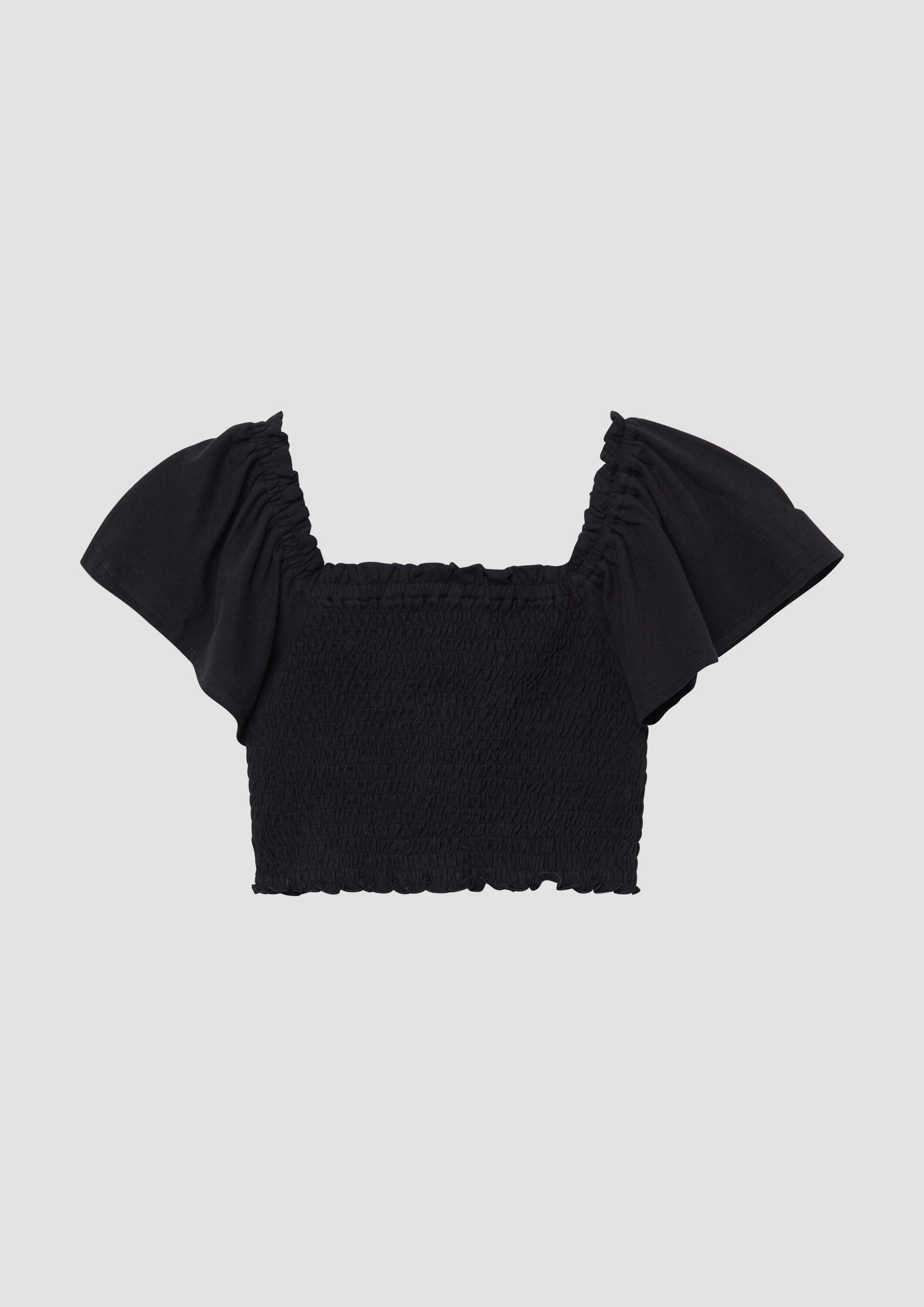 s.Oliver Kurzarmshirt T-Shirt Verkürztes Smok-Top mit Off-Shoulder-Ausschnitt