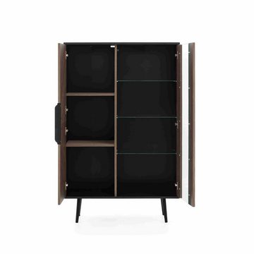 Furnix Standvitrine Pabllo Highboard mit Glastüren und schwarzen Metallfüßen Braun mit teilverglasten Tür, 7 Fächer, 3 Glasböden