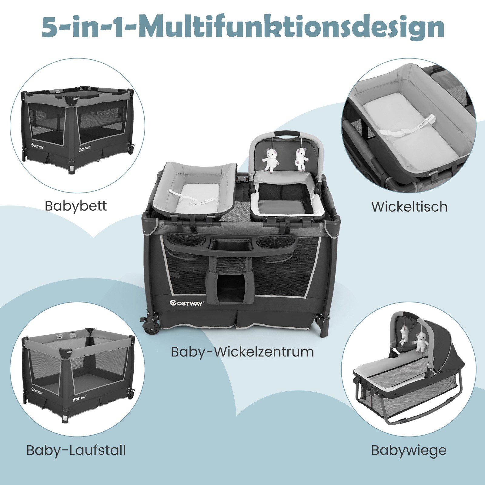 COSTWAY Baby-Reisebett, 1-tlg., Babybett, Tragbares Beistellbett, mit Wickelauflage, Tragetasche