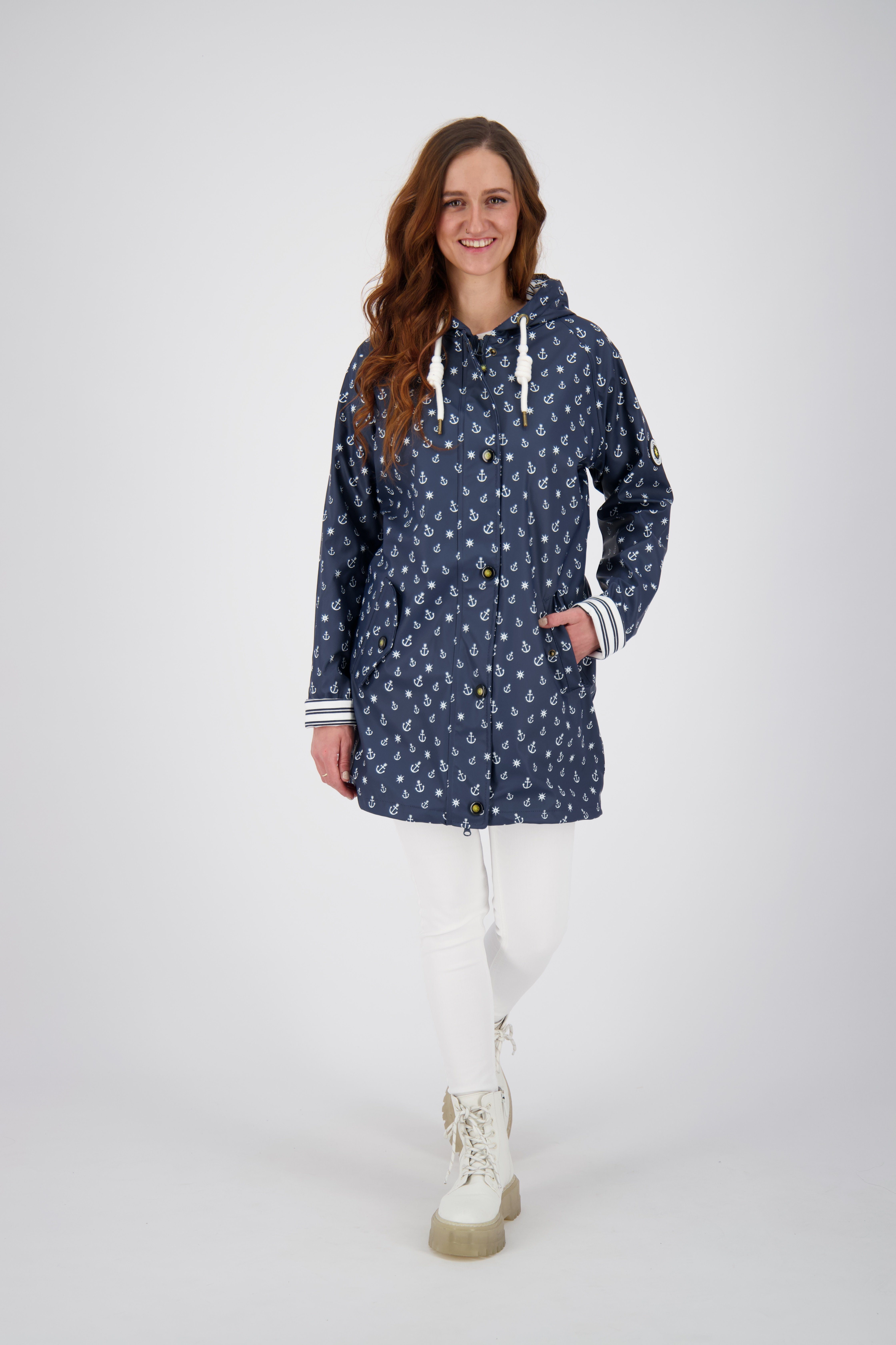 ankerglut Regenjacke Friesennerz Regenmantel, Longjacket mit Ankerprint und Streifenfutter – Bild 4 von 5