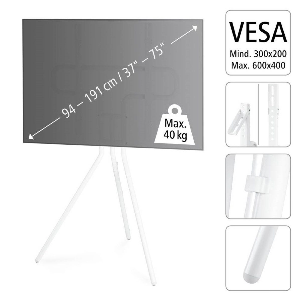 Hama TV-Ständer Design TV Ständer Staffelei 37" bis 75" 40kg Weiß, (bis 75 Zoll, Universal Bodenständer Standfuß Fuß TV Stand LED LCD OLED Fernseher)