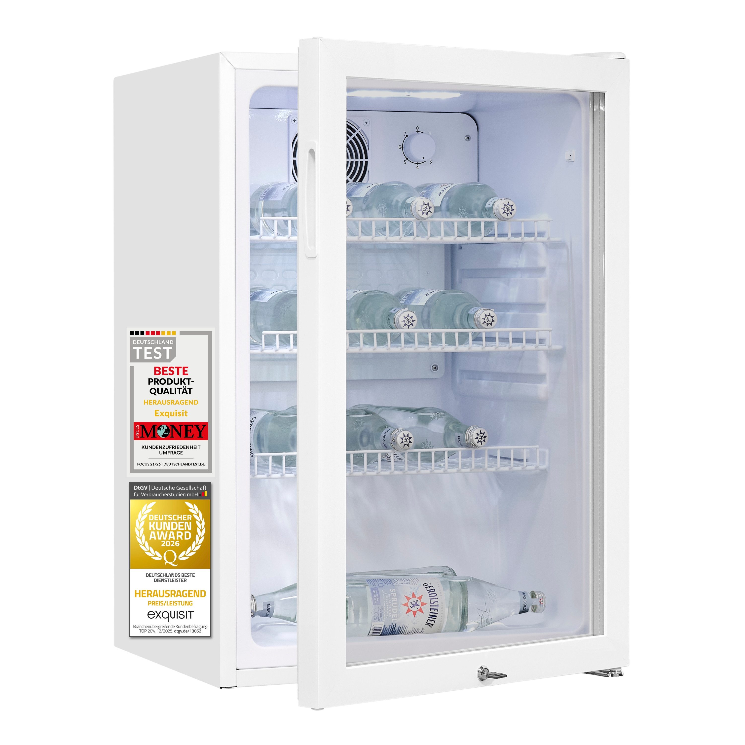 exquisit Getränkekühlschrank GKS5120-GT-160C, 84 cm hoch, 54 cm breit, Isolierglastür, LED, Gitterablage, 36 l