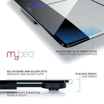 MyBeo Personenwaage, Digitale Glas Körperwaage, Max. 180kg, 4x Mess-Sensoren, LED-Display