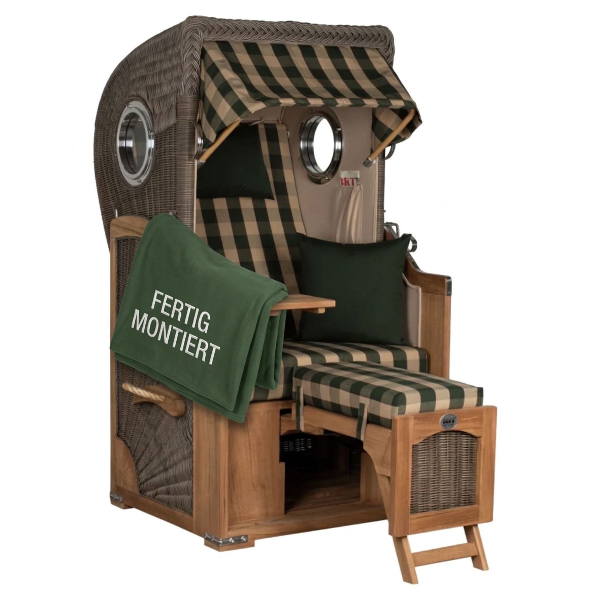 MR.DEKO Strandkorb Düne Single 1-Sitzer Bullauge Teak PE-Geflecht Grey 96x165x80, BxTxH: 96x80x165 cm, Vollieger, Düne Single, (Fertig montierter Strandkorb für Garten, Terrasse & Balkon, 1-tlg), Wetterfester Volllieger mit Edelstahlbeschlägen & waschbaren Polstern