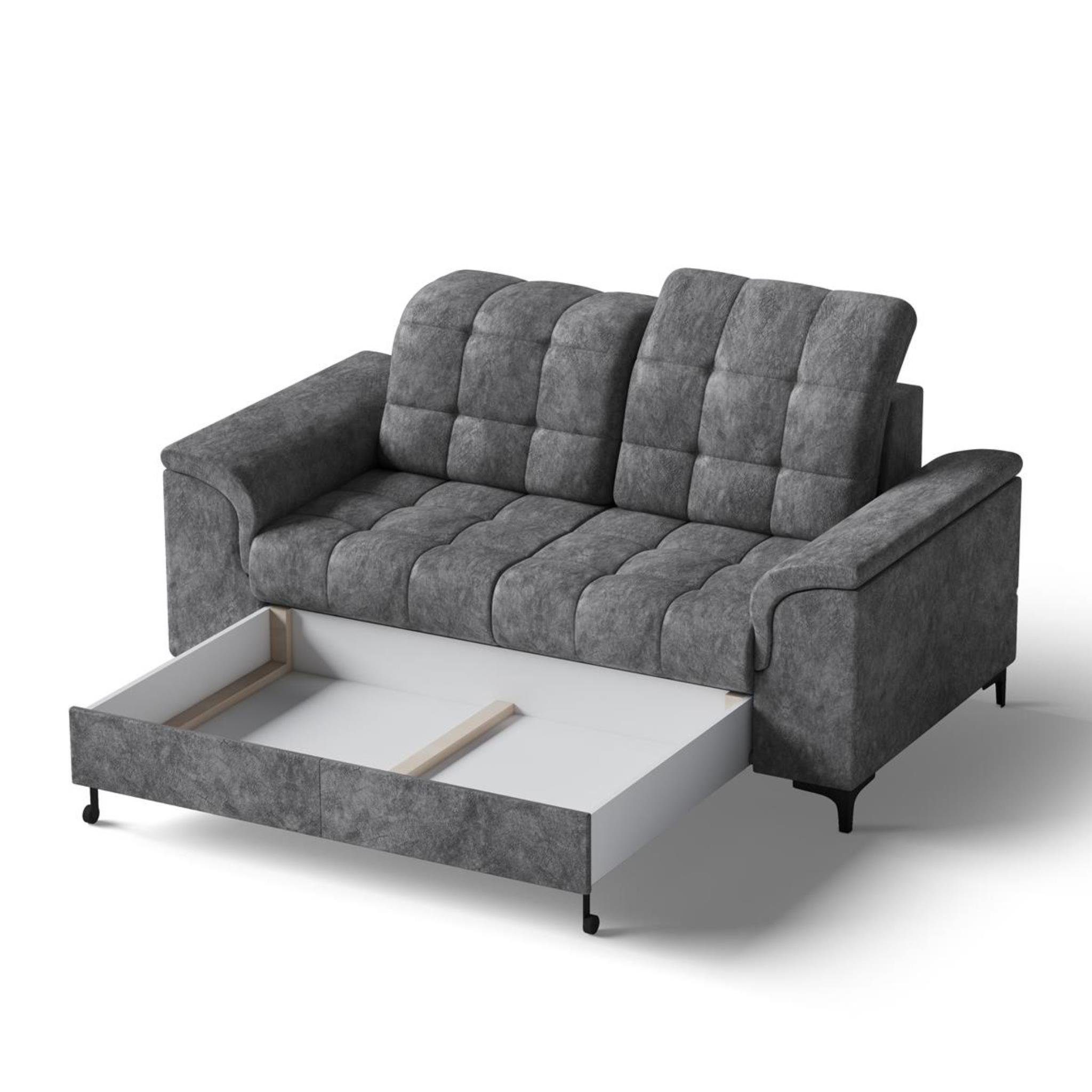 + Sessel), (mit mit (bangkok 2-Sitzer Beautysofa Polstergarnitur Bettkasten, aus Snap, verstellbare + Metallbeine Schlaffunktion, Polsterset Velvetstoff Kopfstützen, 3-Sitzer Beige almond) stilvoll schwarze