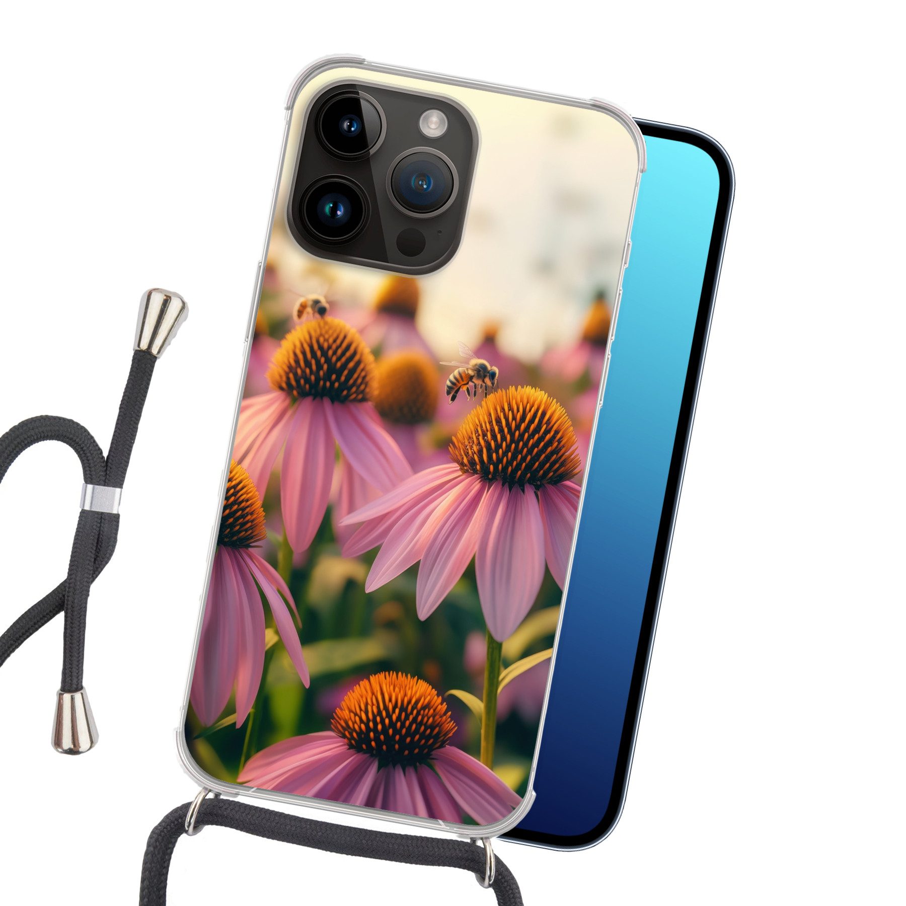 MuchoWow Handyhülle für Apple iPhone 14 Pro Blumen - Lila - Bienen, Tragbare Handyhüllen mit Kette zum umhängen, Handykette Handyband