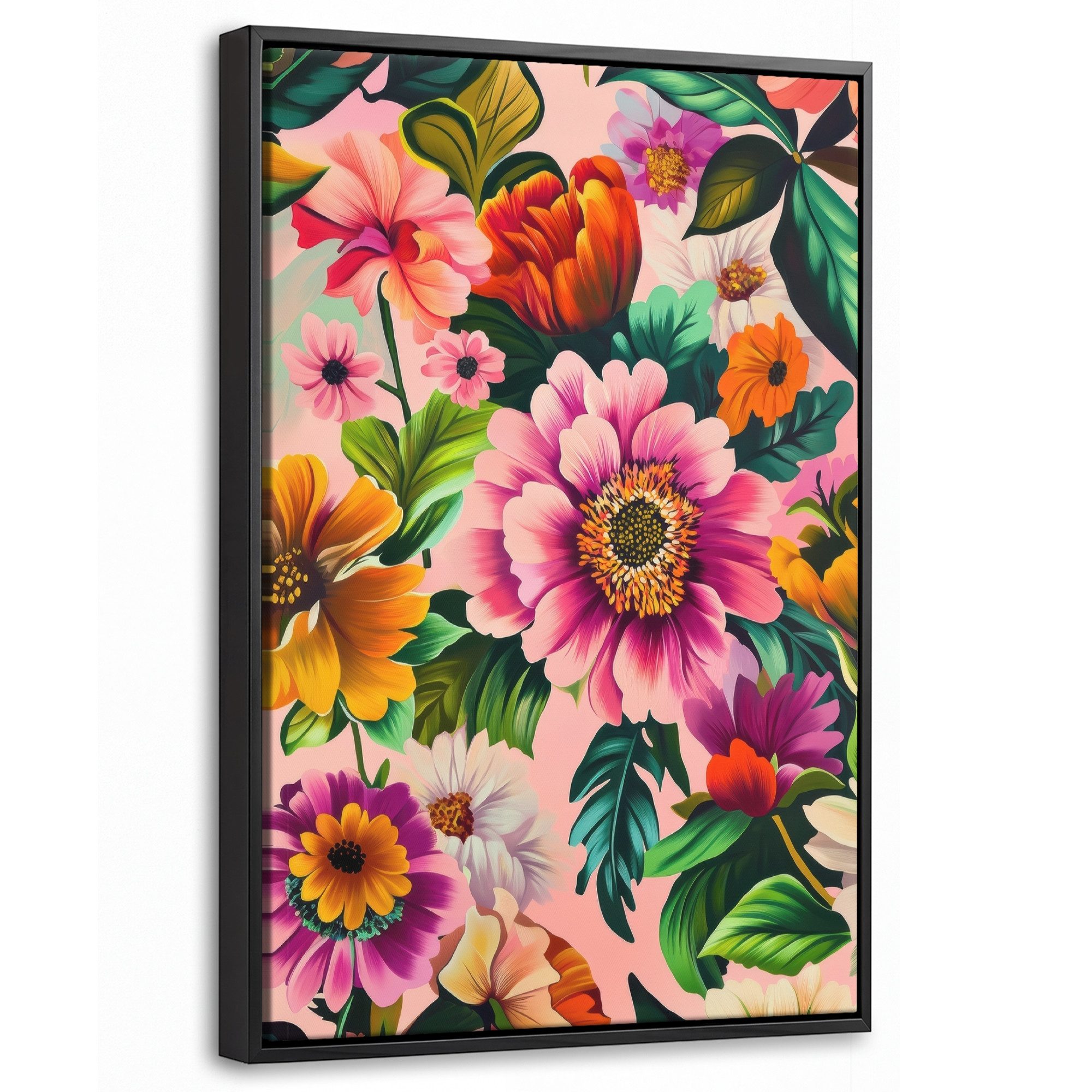 OneMillionCanvasses® Leinwandbild mit Rahmen - Blumen - Bunt - Rosa, Fotodruck (1 St), Deko für Wohnzimmer Schlafzimmer Küche 20x30cm