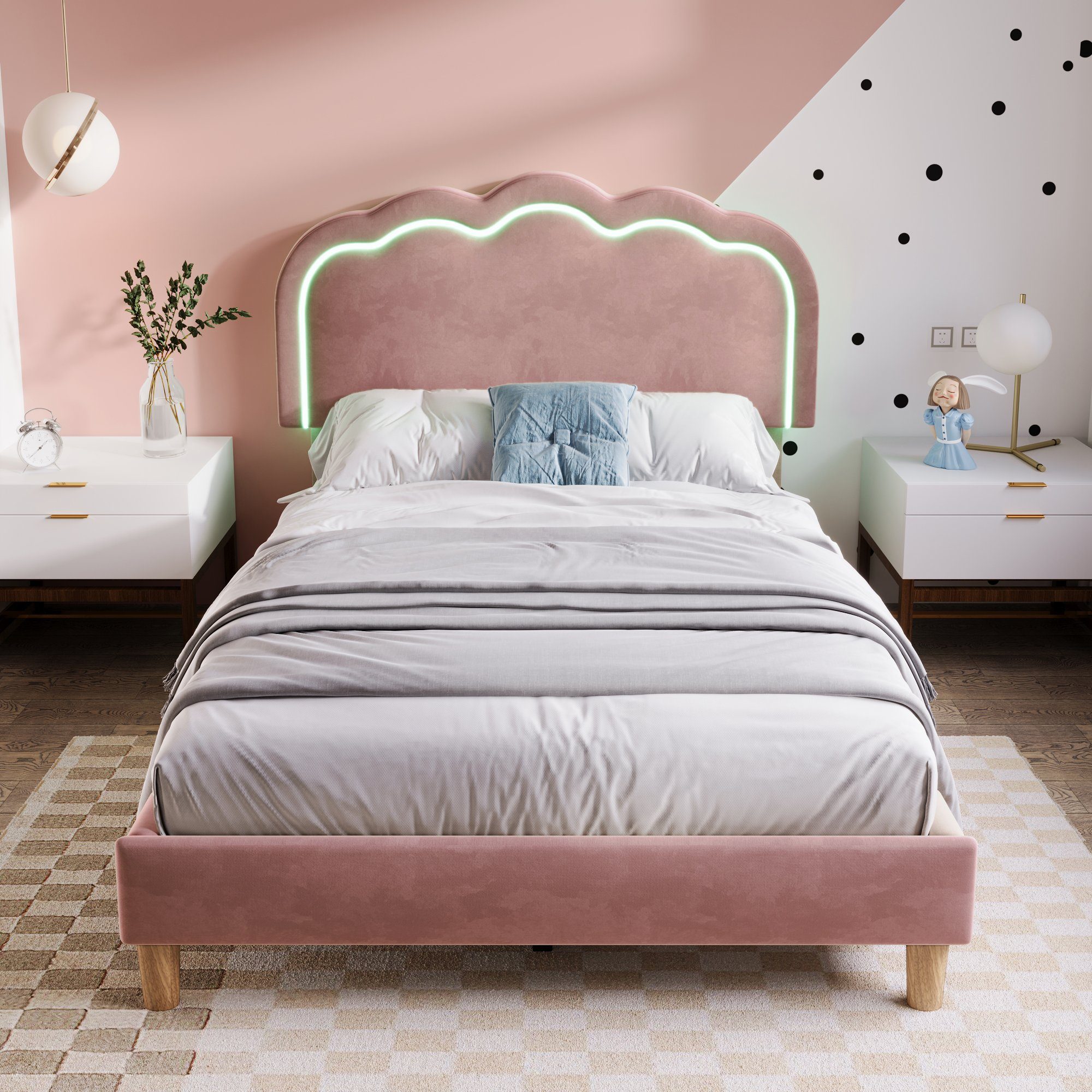 Polsterbett (Einzelbett, LED Jugendbett), mit Lattenrost und Verstellbares Kopfteil in Puff-Form, 90x200cm, Samt