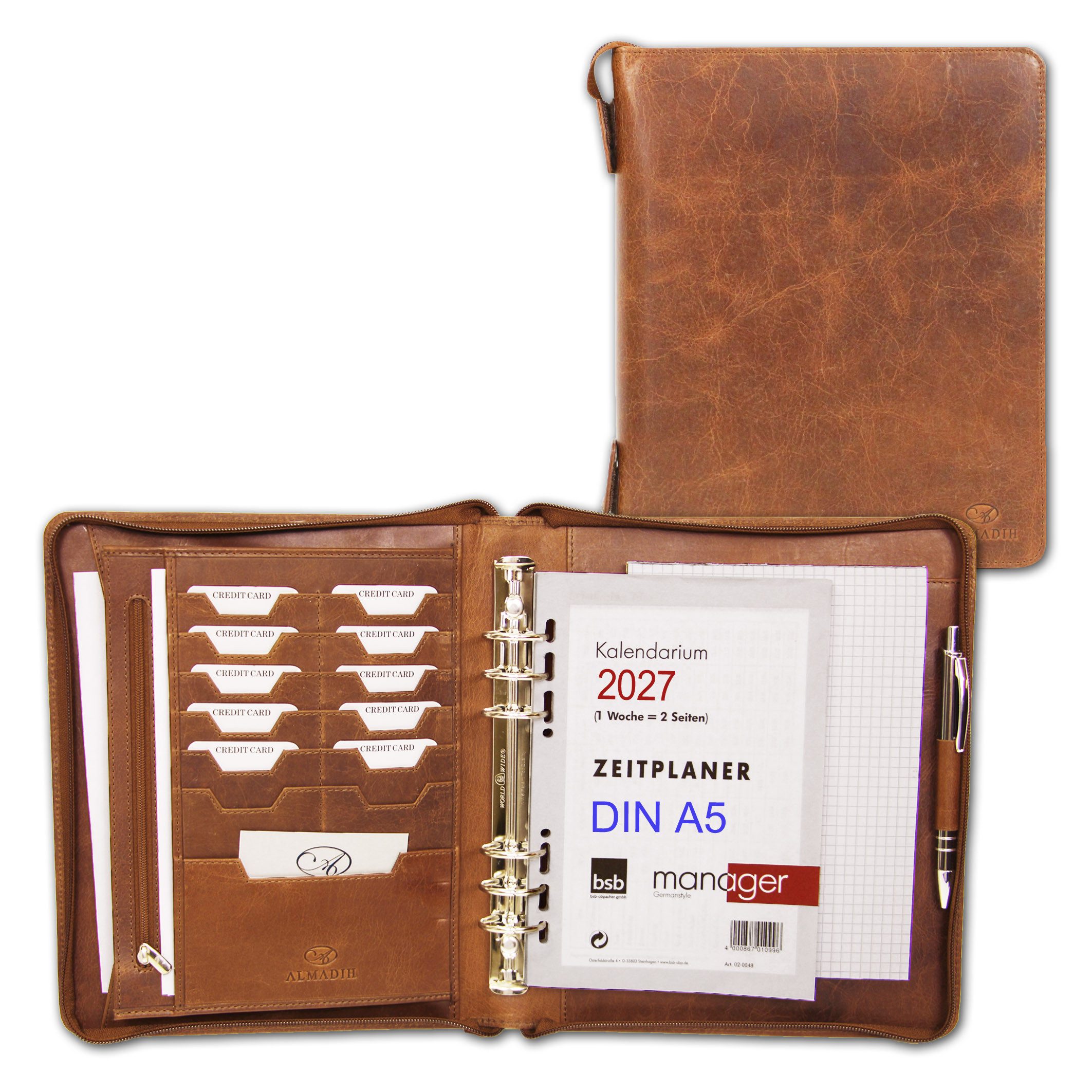 ALMADIH Konferenzmappe 2026 2027 Ledermappe Organizer A5 Leder Terminplaner braun, schwarz