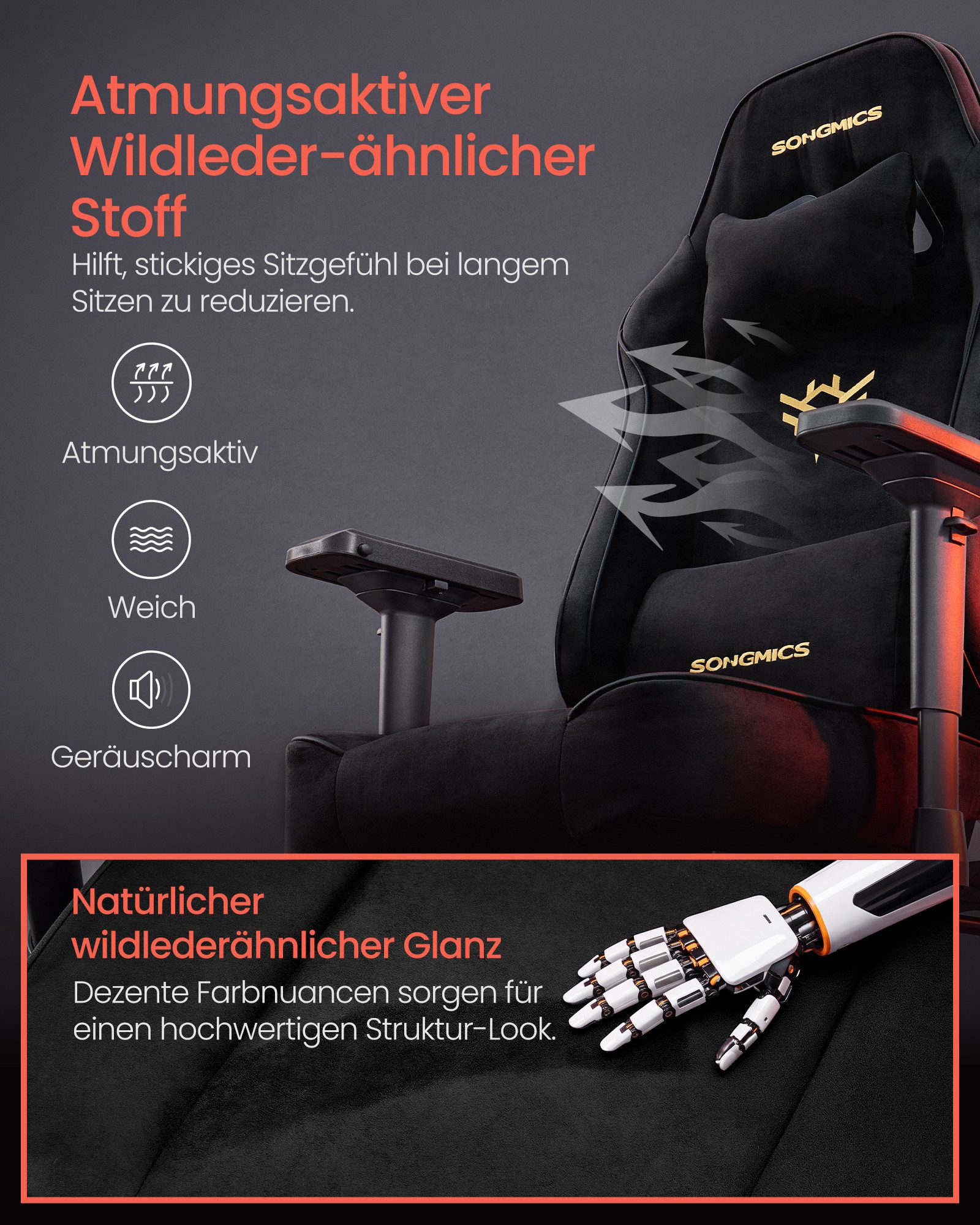 SONGMICS Gaming-Stuhl Schreibtischstuhl ergonomisch, 4D verstellbare Armlehnen, Fußstütze, Bis 200 kg belastbar, 72 x 72 x (125-135) cm, Wildlederimitat – Bild 3 von 5