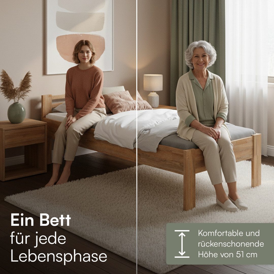 skølm Massivholzbett Fenrir, Seniorenbett mit Komforthöhe 51 cm (100x200 cm), Einzelbettgestell aus Eichenholz geölt, auch verfügbar in 90x200 cm – Bild 4 von 5