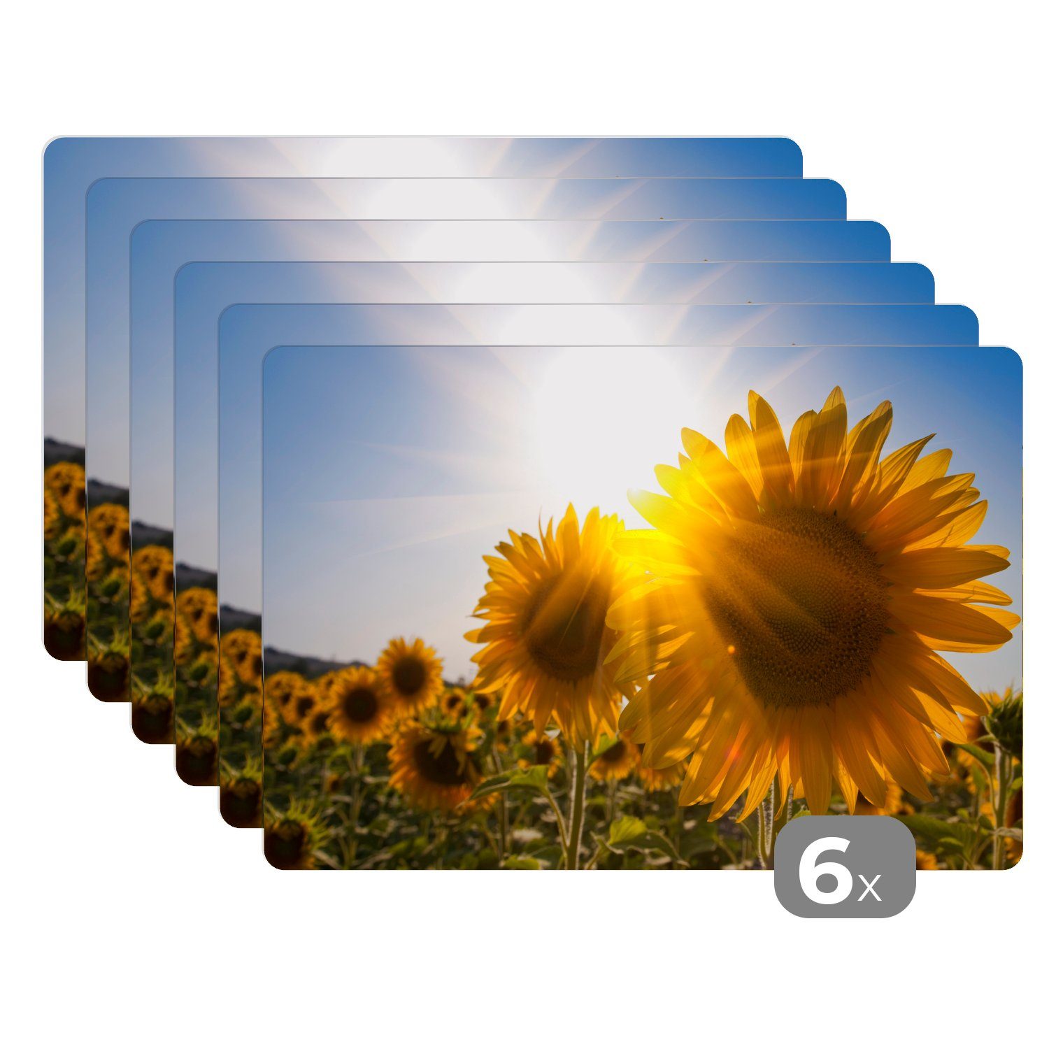 Platzset, Nahaufnahme von Sonnenblumen auf dem Feld, MuchoWow, (6-St), Platzset, Platzdecken, Platzmatte, Tischmatten, Schmutzabweisend