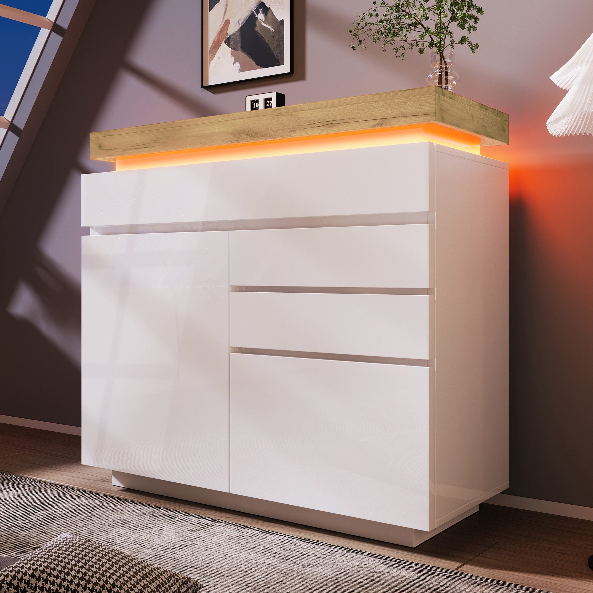 Flieks Kommode mit 2 Türen und 3 Schubladen Hochschrank Weiß (für Wohnzimmer, Schlafzimmer und Esszimmer, 1 St), Sideboard mit LED und …