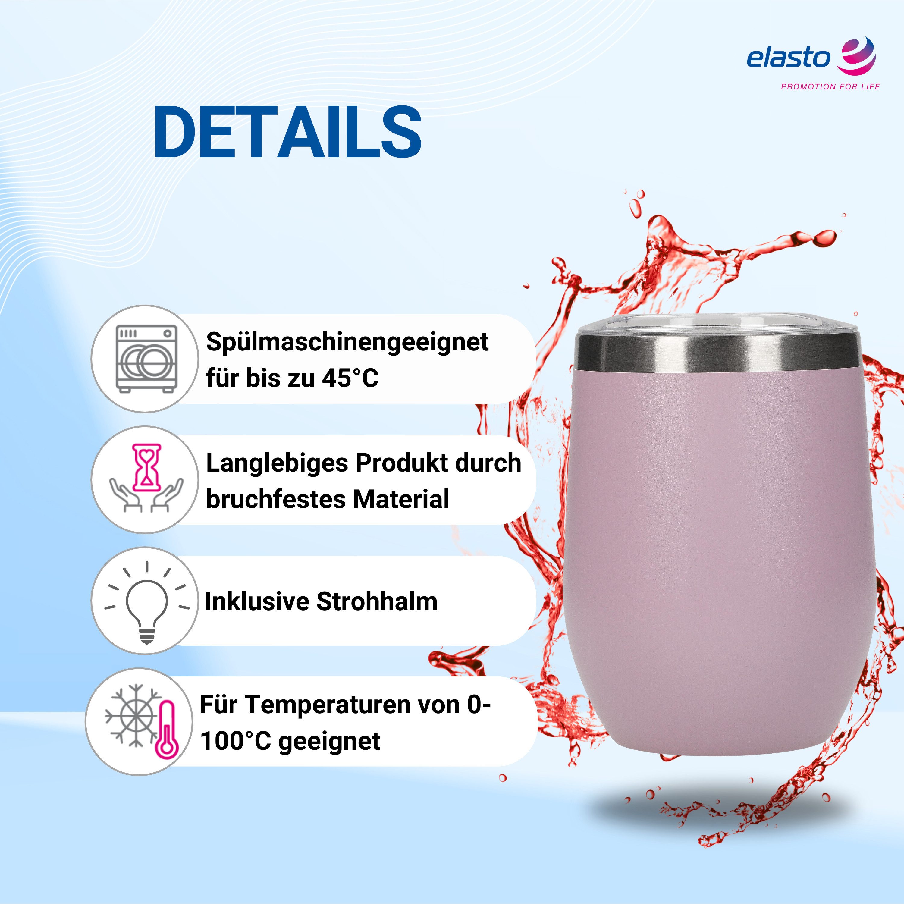 elasto Becher Weinbecher 350 ml Vinova Edelstahl Trinkbecher inkl. Strohhalm, robust, spülmaschinengeeignet, Sommer, Geschenk