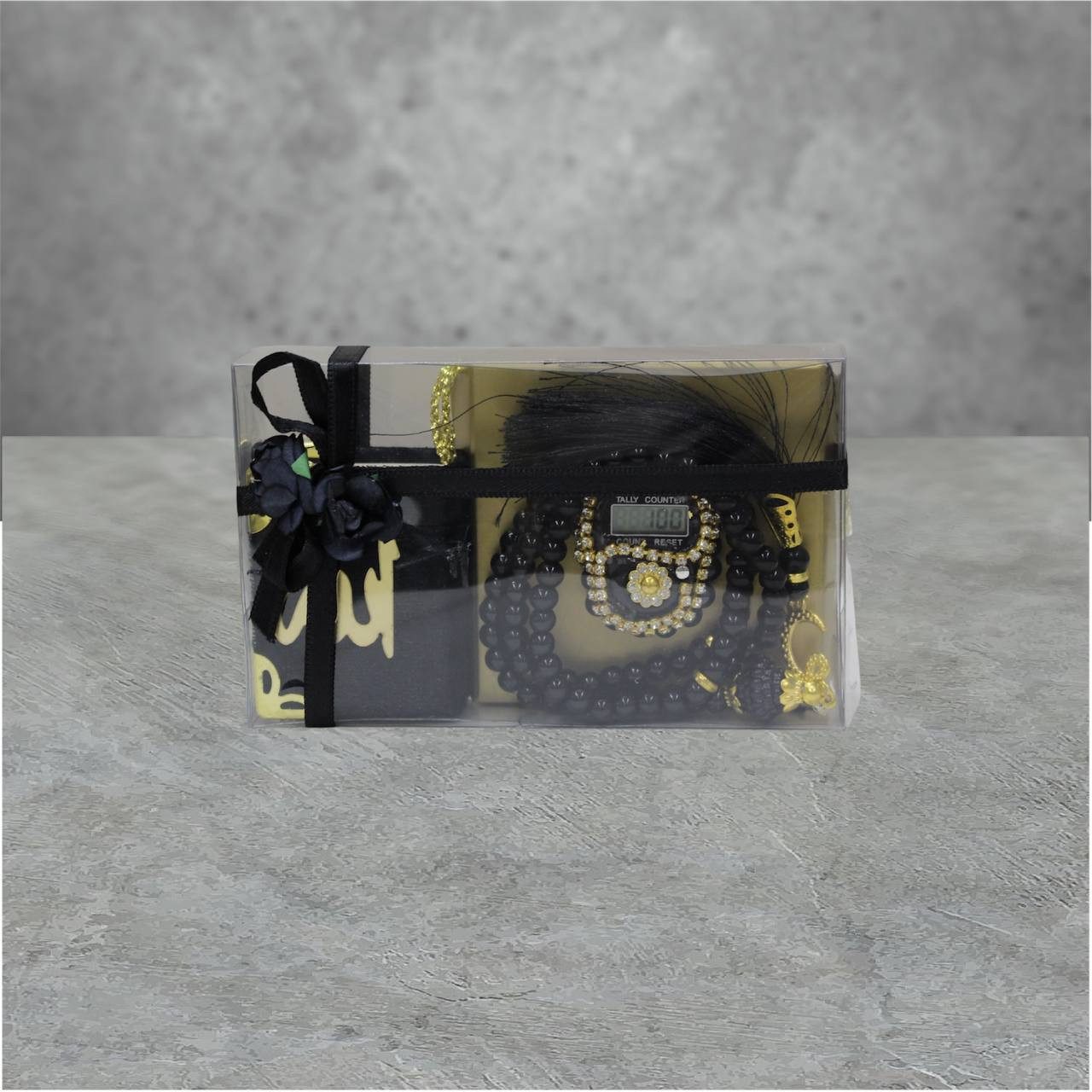 Aymasal Жемчужные ожерелья-Set Islamische Geschenke 3tlg. 99 Perlenkette & Fingerzähler & Mini Koran, Dhikr Zähler mit Strasssteinen, schöne Geschenkverpackung