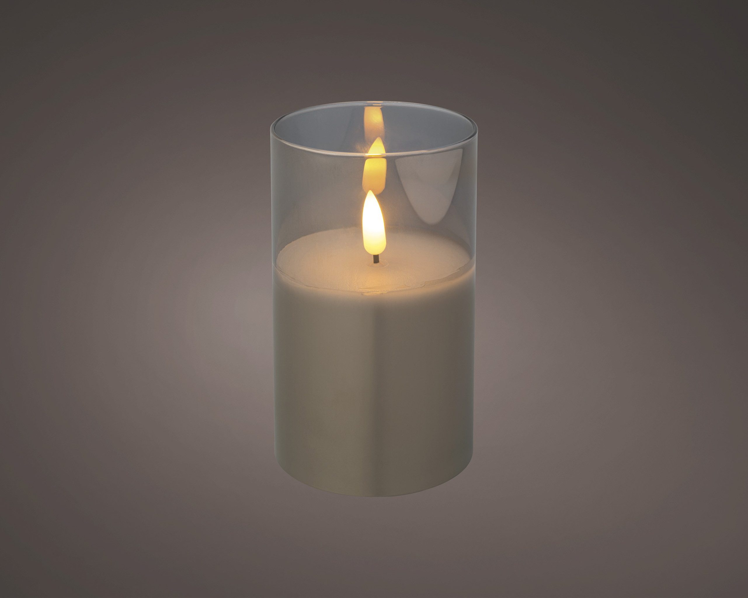 Lumineo LED-Kerze, Timer, warmweiß, LED Kerze im Glas 7,5x12,5cm mit Timer Wachs Rauchgrau / Warmweiß