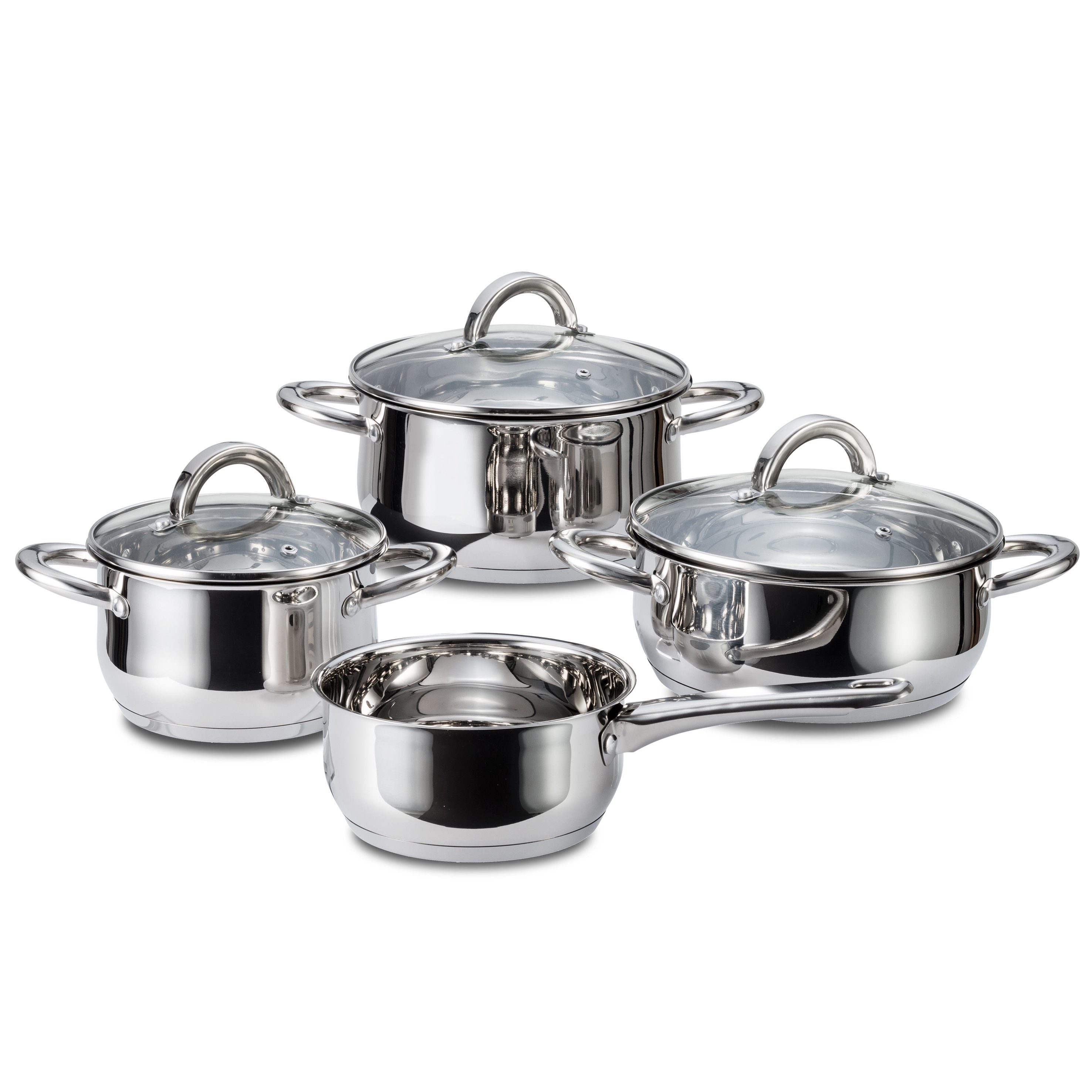 Linnuo Topf-Set 7tlg Edelstahl Topfset - 4 Töpfe & 3 Glasdeckel - Kochtopf Set aus hochwertigem Edelstahl - Griff nicht heiß - ideal für kleine Küchen, (Set, 7-tlg., 4 Töpfe, 3 Deckel), induktionsgeeignet | Topfsets