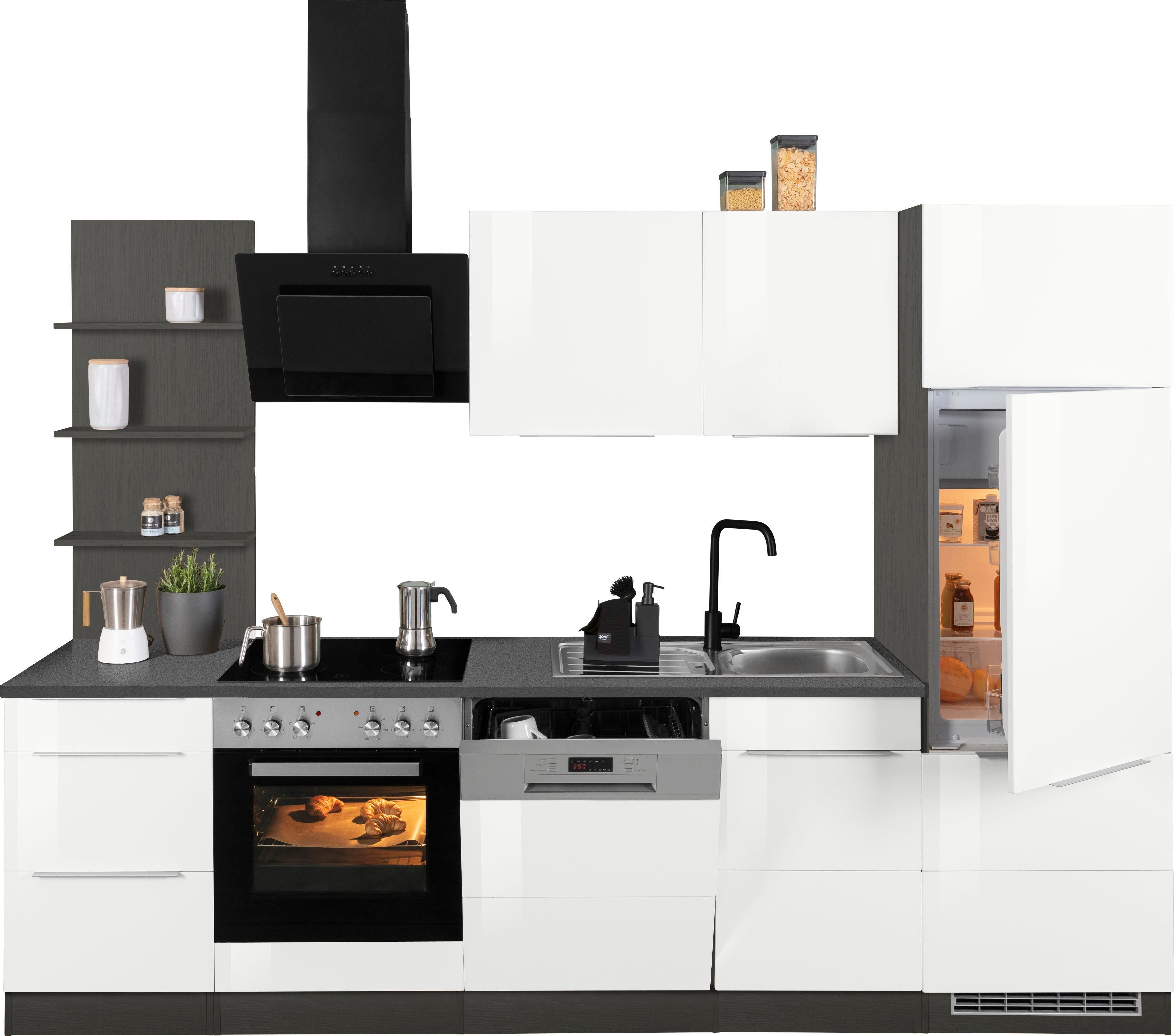 HELD MÖBEL Küchenzeile Brindisi, mit E-Geräten, Breite 280 cm weiß Hochglanz/grafit | grafit | Küchenzeilen mit Geräten