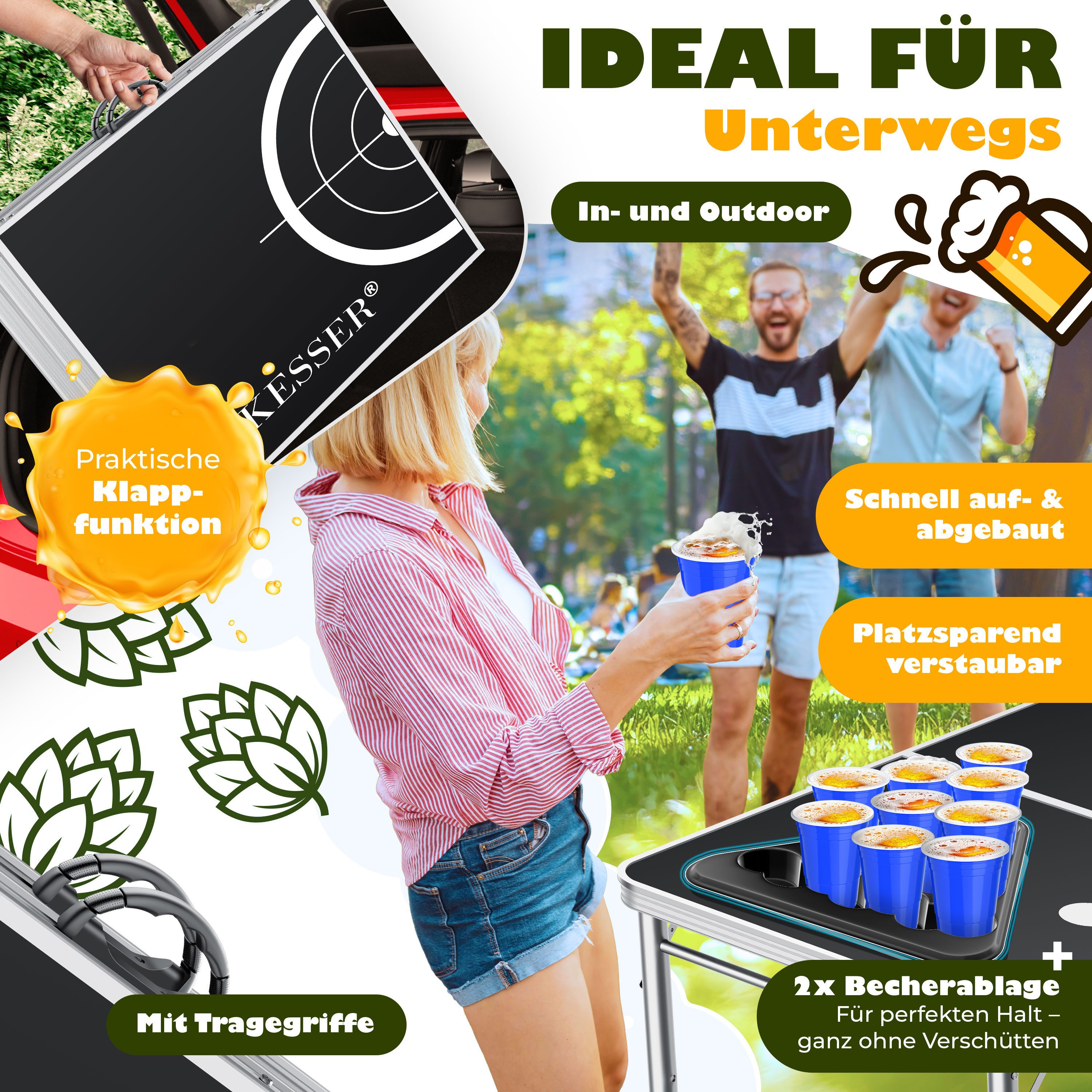 KESSER Spieltisch Bier Pong Tisch, Spiel-Set mit Kartenspiel, 100 Becher & 6 Bälle, Beer Pong Trinkspiel, höhenverstellbar & klappbar, In & Outdoor-fähig
