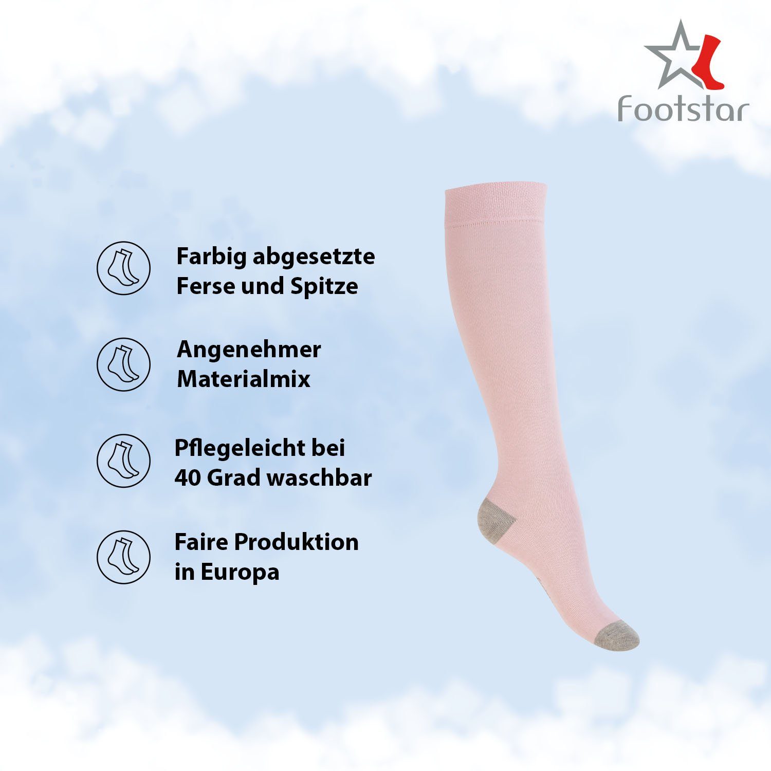 Footstar Langsocken Kinder Baumwoll Kniestrümpfe (5 Paar) abgesetzte Ferse/Spitze – Bild 2 von 4