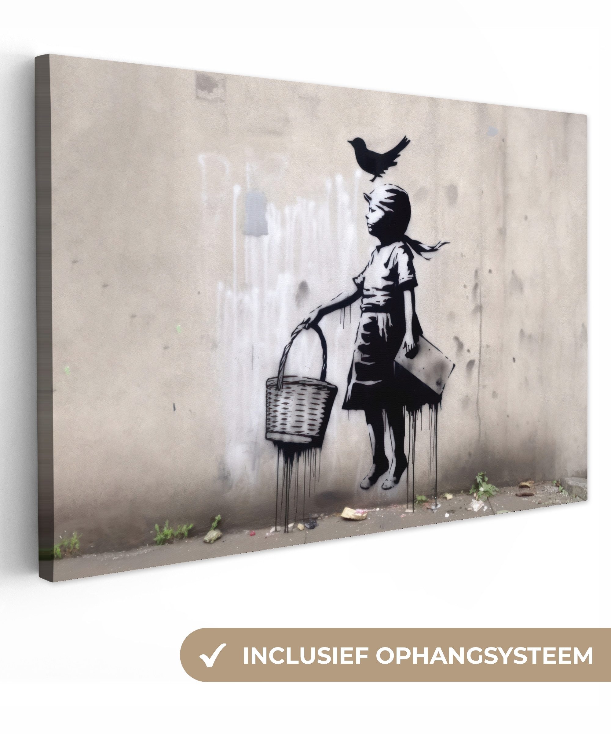 OneMillionCanvasses® Leinwandbild Graffiti - Mädchen - Vogel - Straßenkunst - Banksy-Stil, Fotodruck (1 St), Wandbild XXL für Wohnzimmer Küche 120x80 cm