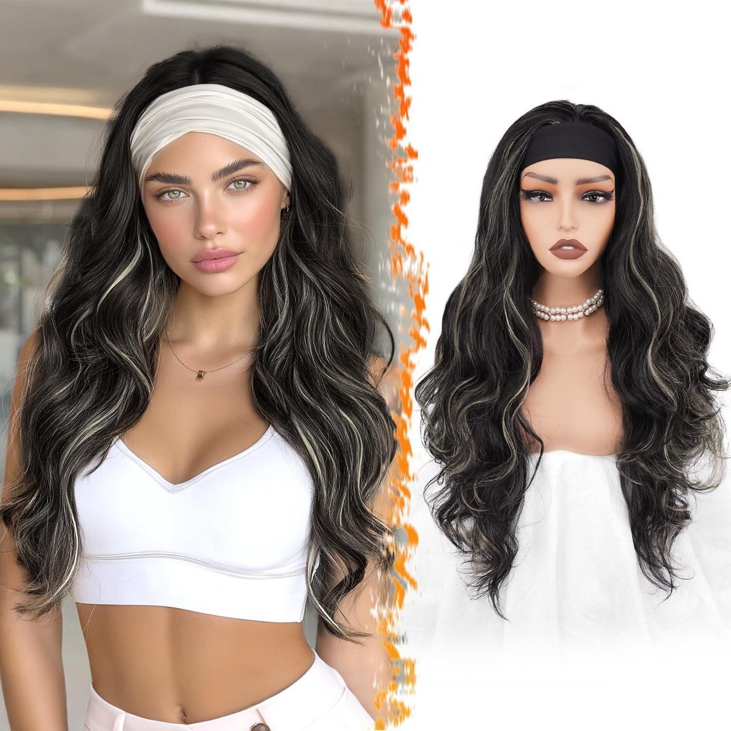 LuxusKollektion Kunsthaarperücke Stirnband Perücke Synthetik Gewellt 66cm Schwarz mit Blond Highlights