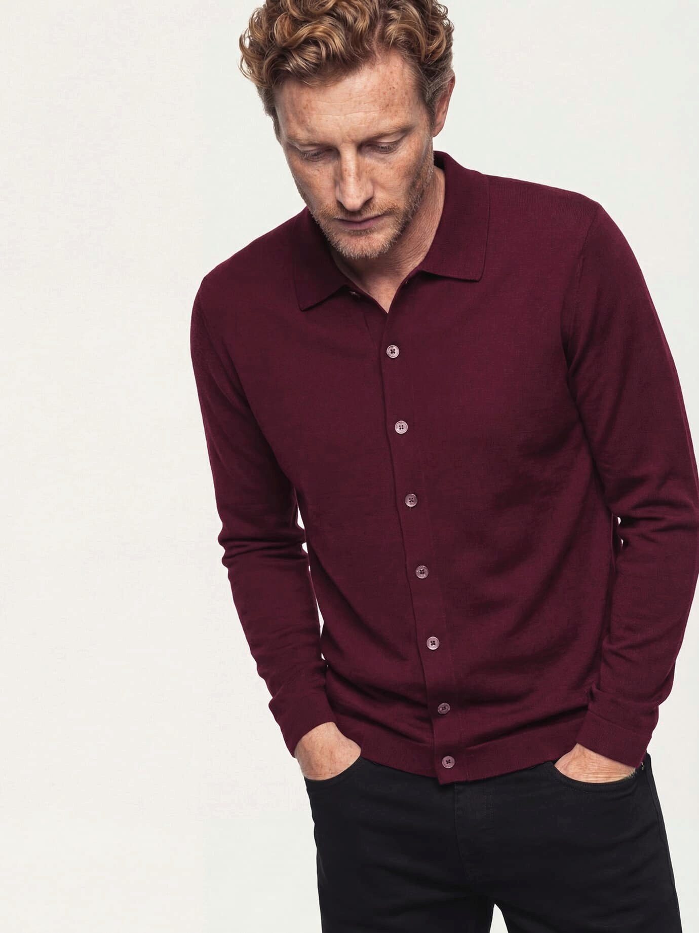 Walbusch Polokragenpullover Herren Strickpolo aus Merinowolle Pflegeleicht Extrafeine Merinowolle, Perlmuttknöpfe, formstabil und Easy-Care